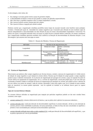 R.Andreucci                             Controle da Qualidade II                   Ed.   Jul./2008                         74



As desvantagens, entre outras, são:

•   Seu emprego é um tanto quanto restrito a peças de geometria simples;
•   A detectabilidade de defeitos é menor do que quando os campos são aplicados sequencialmente;
•   Não é fácil fazer o equilíbrio magnético entre os campos longitudinal e circular;
•   Não é possível utilizar corrente continua para dois campos;
•   Não é possível efetuar a inspeção pelo método residual.

Podemos concluir que a magnetização simultânea possibilita menor tempo de execução trazendo como benefício maior produção.
Contudo, é limitada pelo ajuste da intensidade dos campos magnéticos que é necessário para obtenção de uma resultante capaz de
detectar adequadamente as descontinuidades nas duas direções da peça em ensaio, descontinuidades longitudinais e transversais. Na
prática este ajuste é conseguido realizando testes com peças ou corpos de prova contendo defeitos conhecidos. No entanto, ressaltamos
que a magnetização simultânea apresenta resultados mais confiáveis na detecção de descontinuidades de diferentes direções. A sua
desvantagem é que aumenta mais uma etapa no ensaio.

                                      Tabela 4.1 - Resumo dos Métodos e Técnicas de Magnetização

                          MÉTODO                                   TÉCNICAS DE MAGNETIZAÇÃO
                                                                Indução de Campo     Bobina (solenóide)
                         Longitudinal                                                Yoke
                                                                                     Imã permanente
                                                              Passagens de Corrente  Eletrodos (pontas)
                                                                     elétrica        Contato Direto (placas)
                            Circular                            Indução de Campo     Condutor central
                                                                                     • Barra
                                                                                     • Cabo Enrolado
                                                            Indução e/ou passagem de Combinação das Técnicas de campo
                        Multidirecional                          Corrente elétrica   Longitudinal com o Circular




4.2 Técnicas de Magnetização:

Mencionamos que podemos obter campos magnéticos por diversas técnicas, contudo, o processo de magnetização só é obtido através
de indução de campo magnético ou por indução de corrente elétrica. Dizemos que há indução de campo quando o campo magnético
gerado na peça é induzido externamente. Já no processo de magnetização por passagem de corrente, a peça em inspeção faz parte do
circuito elétrico do equipamento de magnetização, isto é, a corrente de magnetização, circula pela própria peça. É por esta razão que
recomenda-se bastante cuidado na utilização da técnica de magnetização por passagem de corrente, pois poderá ocorrer a abertura de
um arco elétrico nos pontos de entrada e saída de corrente, queimando a peça nesta região,o que, em se tratando de peça acabada,
pode ser inaceitável, ou mesmo poderá representar risco de explosão ou incêndio se no ambiente houver gases ou vapores
inflamáveis.

Tipos de Corrente Elétrica Utilizada:

As correntes elétricas utilizadas na magnetização para inspeção por partículas magnéticas poderão ser das mais variadas fontes
existentes, como segue:

•   corrente contínua (CC): sómente obtida através de baterias, e que na prática não é aplicável em processos industriais ;

•   corrente alternada (AC): usada para detecção de descontinuidades superficiais.A corrente alternada , devido ao ciclo alternado da
    corrente, promove maior mobilidade às partículas, tem pouca penetração, as linhas de força são mais concentradas na superfície e
    portanto é mais recomendada para a detecção de descontinuidades superficiais;

•   corrente alternada retificada (meia onda ou onda completa) (CA): usada para detecção de descontinuidades sub-superficiais , o que
    na prática representa até 4 mm de profundidade.
 