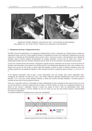R.Andreucci                           Controle da Qualidade II                   Ed.   Jul./2008                          81




                Inspeção por Partículas Magnéticas pela Técnica do Yoke , de uma abertura de reparo preparada
          para soldagem ,em uma Pá tipo “Francis” fundida em aço carbono,para usina hidroelétrica.


•   Planejamento do Ensaio e Magnetização da Peça:

Escolhida a técnica de magnetização a ser empregada ou disponível para o ensaio, é importante que o Inspetor procure visualizar ou
esquematizar a peça, como será o campo magnético formado, se longitudinal ou circular. Essa visualização é importante pois como não
conhecemos a orientação das descontinuidades vamos começar a fazer o ensaio por um ponto e, para garantirmos que a inspeção foi
adequada, capaz de detectar qualquer descontinuidade em qualquer orientação, é preciso que, de acordo com a técnica de
magnetização utilizada, uma outra varredura, defasada de mais ou menos 90° do eixo da anterior, seja realizada na mesma região.
A técnica de varredura descrita anteriormente é empregada na inspeção de peças ultilizando-se de um Ioque ou através da técnica de
eletrodos, onde recomenda-se, para garantir uma varredura perfeita e com sobreposição adequada entre uma e outra varredura, que o
inspetor trace com giz de cera na peça os pontos onde serão apoiadas as pernas do Ioque ou eletrodos, obtendo-se assim, uma
varredura sequêncial e com garantia de inspeção em 100% da região de interesse, a posição dos polos de contato 1-1 e 4-4 ou 2-2 e 3-
3.

Já nas máquinas estacionárias, onde as peças a serem inspecionadas, como por exemplo: pinos, bielas, engrenagens, disco,
virabreguins, são submetidas, na maioria das vezes, a dois campos magnéticos aplicados simultâneamente, sendo um por corrente
alternada - CA e outro, por corrente alternada retificada, ou ambos por correntes alternadas defasadas, é necessário garantir a
varredura de toda a peça ou de uma região de interesse.
Nesse caso, é importante verficar se a intensidade do campo é adequada para se fazer a inspeção de toda a peça de uma vez só. Caso
isso não seja possível, é necessário inspecionar peça em partes, ou seções. Portanto, de acordo com o equipamento disponível, em
função de seus recursos e capacidade, fazemos os ajustes nos campos de modo a obter um balanceamento ótimo. Notar
descontinuidade que podemos e devemos trabalhar ora com um campo ora com outro para perfeita detecção e descontinuidade
transversais ou longitudinais.
A varredura insuficiente ou inadequada torna o ensaio sem confiabilidade.


                                 1                3        2               4




                                                                                   sentido do
                                  2              4        1                3       ensaio
                                               polos de contato

                             Esquema sequencial de ensaio de soldas, pela técnica de Eletrodos e Yoke.
 