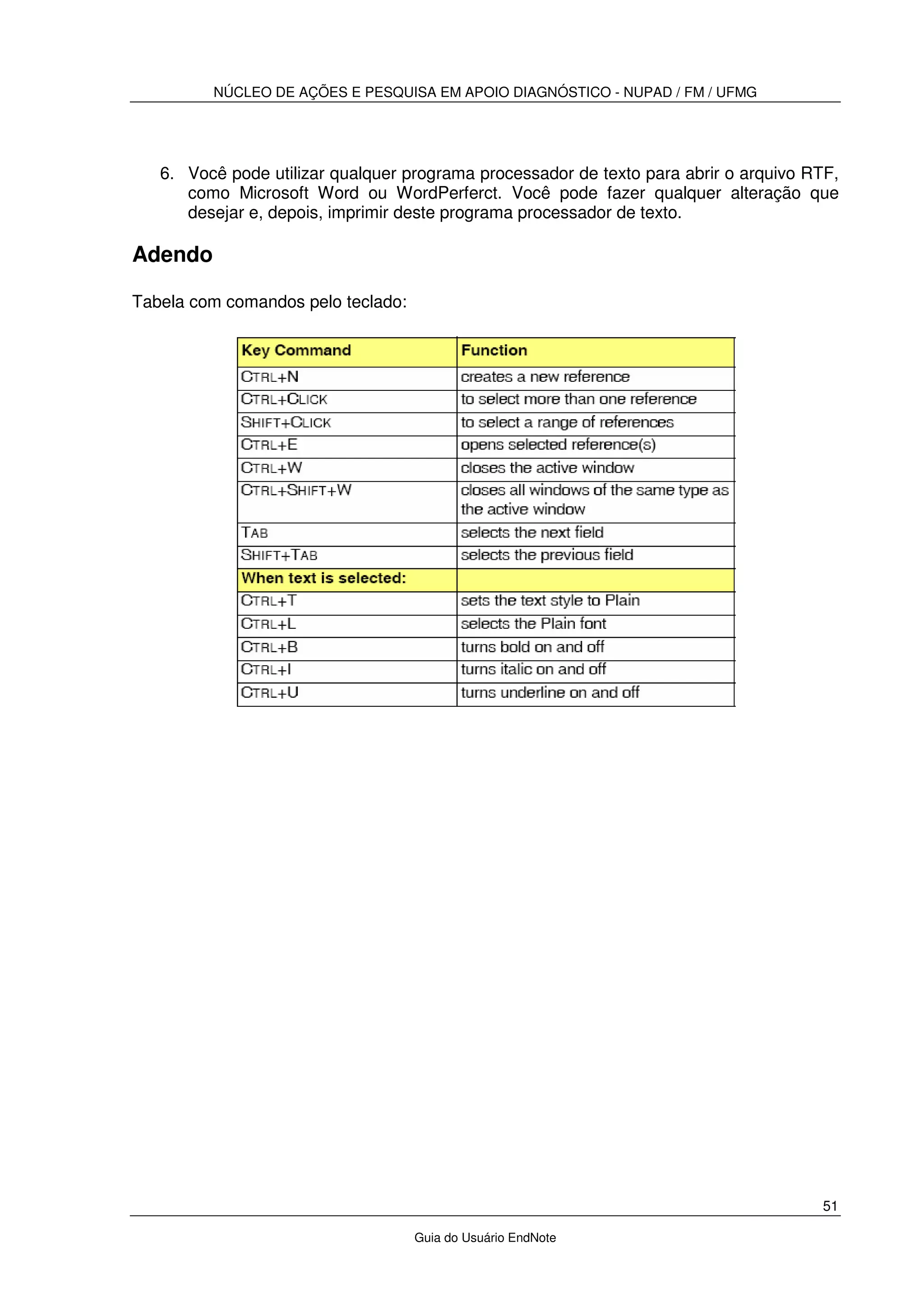 NÚCLEO DE AÇÕES E PESQUISA EM APOIO DIAGNÓSTICO - NUPAD / FM / UFMG
51
Guia do Usuário EndNote
6. Você pode utilizar qualquer programa processador de texto para abrir o arquivo RTF,
como Microsoft Word ou WordPerferct. Você pode fazer qualquer alteração que
desejar e, depois, imprimir deste programa processador de texto.
Adendo
Tabela com comandos pelo teclado:
 