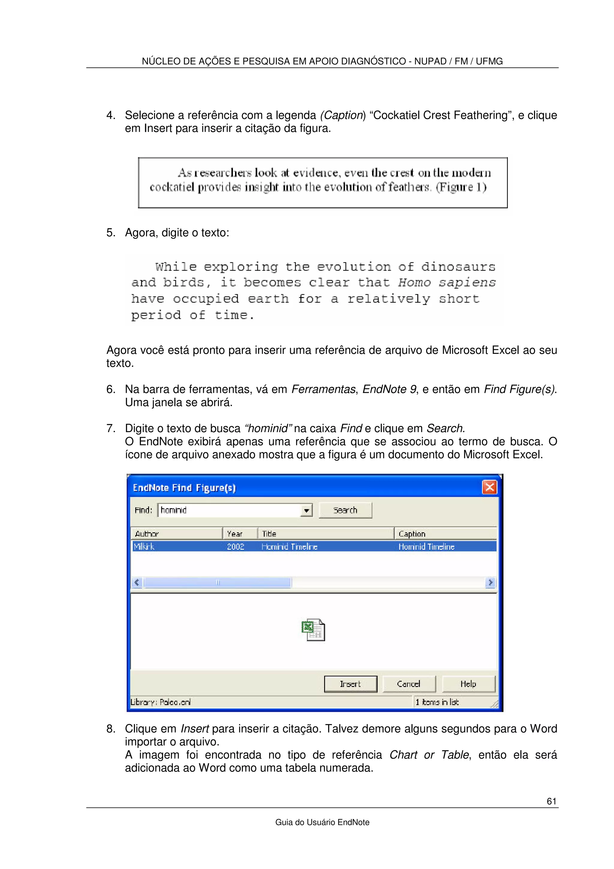 NÚCLEO DE AÇÕES E PESQUISA EM APOIO DIAGNÓSTICO - NUPAD / FM / UFMG
61
Guia do Usuário EndNote
4. Selecione a referência com a legenda (Caption) “Cockatiel Crest Feathering”, e clique
em Insert para inserir a citação da figura.
5. Agora, digite o texto:
Agora você está pronto para inserir uma referência de arquivo de Microsoft Excel ao seu
texto.
6. Na barra de ferramentas, vá em Ferramentas, EndNote 9, e então em Find Figure(s).
Uma janela se abrirá.
7. Digite o texto de busca “hominid” na caixa Find e clique em Search.
O EndNote exibirá apenas uma referência que se associou ao termo de busca. O
ícone de arquivo anexado mostra que a figura é um documento do Microsoft Excel.
8. Clique em Insert para inserir a citação. Talvez demore alguns segundos para o Word
importar o arquivo.
A imagem foi encontrada no tipo de referência Chart or Table, então ela será
adicionada ao Word como uma tabela numerada.
 