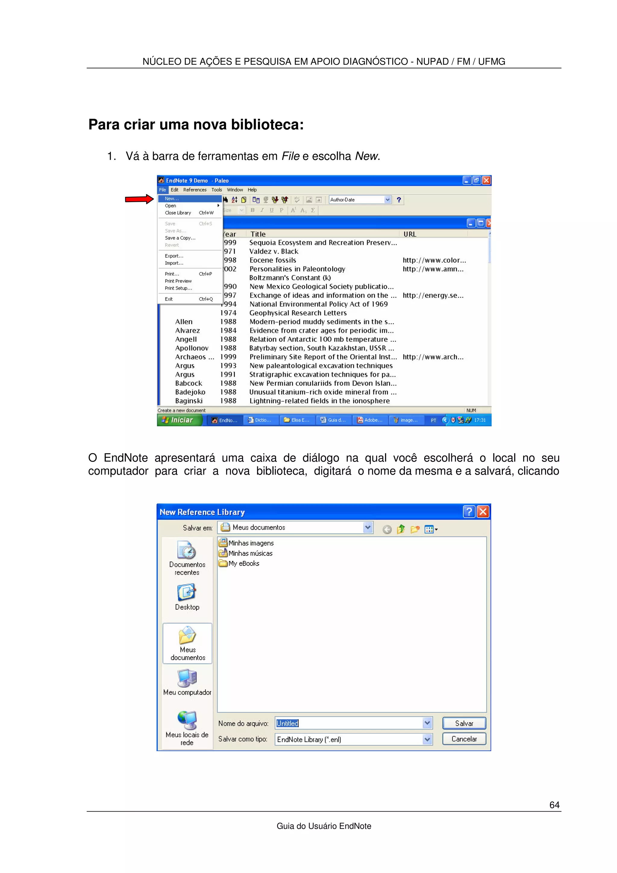 NÚCLEO DE AÇÕES E PESQUISA EM APOIO DIAGNÓSTICO - NUPAD / FM / UFMG
64
Guia do Usuário EndNote
Para criar uma nova biblioteca:
1. Vá à barra de ferramentas em File e escolha New.
O EndNote apresentará uma caixa de diálogo na qual você escolherá o local no seu
computador para criar a nova biblioteca, digitará o nome da mesma e a salvará, clicando
 