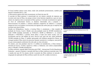 Fibras Químicas Artificiais




O Liocel também aparece nessa altura, tendo sido produzido primeiramente, também pela
Samuel Courtaulds and Co., Lda.
A fibra proteica aparece bem mais recentemente, em finais dos anos 90.
O mercado de fibras químicas é caracterizado por um número reduzido de empresas que
investem neste tipo de fibras, isto porque existem várias barreiras impeditivas a que um maior
número de empresas entre no mercado de fibras químicas. O elevado investimento de capital e
de nível de conhecimento técnico, as despesas relacionadas com a pesquisa e o
desenvolvimento de produtos, a natureza altamente competitiva da indústria e a pequena
margem de lucro nos produtos convencionais são algumas das razões para que as empresas não
investam neste tipo de fibras.
Situada em Heiligenkreus, Austria, a Lenzing Fibers é, actualmente, a líder mundial da
                                                                                                 Produção Mundial de Fibras Celulósicas no séc. XX
produção de Viscose, Liocel e Modal, com uma produção anual de 245.000 toneladas/ano,            Fonte:
sendo 50.000 toneladas destinadas ao TENCEL®, 40.000 ao MODAL® e os restantes
dedicados à VISCOSE® e vertentes destas fibras e Cupro (em menor escala), com um
investimento total de 160 milhões de euros. Prevê-se que, para este ano, sejam produzidas
220.000 toneladas de fibras. É também apresentada com melhores perspectivas futuras, por
conseguir produzir fibras através de processos bastante sustentáveis e ecológicos, num período
em que as preocupações ambientais têm sido cada vez mais relevantes.
No entanto, com uma produção anual de 1.5 milhões de toneladas/ano, a China domina o
mercado da Viscose. Á China, seguem-se a Índia e a Indonésia, com valores compreendidos
entre os 300.000 e 350.000 toneladas/ano.
As fibras artificiais, segundo dados fornecidos pelo ITMF – Internacional Textile Manufactures
Federation – passam a dominar o mercado têxtil face às fibras sintéticas no período entre 1945
e meados dos anos 60. No entanto, devido à ascensão das fibras sintéticas no mercado e à
                                                                                                 Consumo Mundial de Fibras Celuylósicas na
estagnação da exploração de fibras artificias a partir dos anos 80, os dados invertem-se.
                                                                                                 segunda metade do séc. XX
                                                                                                 Fonte:




                                                                                                                                                     5
 