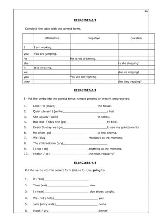 EXERCISES-9.2
Complete the table with the correct forms.
affirmative Negative question
I I am working.
you You are jumping.
he He is not dreaming.
she Is she sleeping?
it It is snowing.
we Are we singing?
you You are not fighting.
they Are they reading?
EXERCISES-9.3
I - Put the verbs into the correct tense (simple present or present progressive).
1. Look! He (leave) the house.
2. Quiet please! I (write) a test.
3. She usually (walk) to school.
4. But look! Today she (go) by bike.
5. Every Sunday we (go) to see my grandparents.
6. He often (go) to the cinema.
7. We (play) Monopoly at the moment.
8. The child seldom (cry) .
9. I (not / do) anything at the moment.
10. (watch / he) the news regularly?
EXERCISES-9.4
Put the verbs into the correct form (future I). Use going to.
1. It (rain) .
2. They (eat) stew.
3. I (wear) blue shoes tonight.
4. We (not / help) you.
5. Jack (not / walk) home.
6. (cook / you) dinner?
46
 