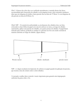 Engomagem-Um processo interativo                                             Valdecir José Tralli


Obs1. A dureza dos rolos deve ser verificada mensalmente e mantida dentro das faixas
recomendadas pelo fornecedor do cilindro ou da máquina.(como valor orientativo podemos
dizer que em máquinas de média e baixa pressão fica na faixa de 57 Shore A e em máquinas de
alta pressão na faixa de 84 Shore A)




Obs2. NIP - O controle da uniformidade ou nivelamento dos cilindros deve ser feito
colocando-se duas folhas de papel com uma de carbono no meio, ao longo do cilindro
espremedor, aplicar uma pressão de trabalho, em quatro pontos do cilindro. O papel ficará
marcado pelo carbono, podendo-se analisar se a pressão nos fios esta sendo exercida de
maneira uniforme ao longo do cilindro. (figura abaixo)




 Pressão menor                          cilindro danificado                pressão maior




NIP – é a figura resultante da impressão do carbono no papel quando da aplicação da pressão,
que mostra a área de contato entre os dois cilindros.


A execução e análise deste controle é muito importante para garantir uma impregnação
uniforme de goma sobre o fio.




                                              9
 