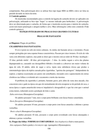 106
comprimento. Para pulverização deve se utilizar bico tipo leque 8004 ou 6004 e deve ser feita no
período da tarde ou início da noite.



 Controle químico
Os inseticidas recomendados para o controle da lagarta-do-cartucho devem ser aplicados em
pulverização, utilizando-se bico tipo leque (o mesmo indicado para herbicidas). A pulverização
deve ser direcionada para o cartucho, de forma que o inseticida escorra para o interior do cartucho,
assim terá maior penetração e atingirá melhor o alvo. Mais informações sobre estes conntrole (Vide
controle químico).
MANEJO INTEGRADO DE PRAGAS DAS GRANDES CULTURAS
PRAGAS DE PASTAGENS
a) Diagnose: Pragas de perfilhos:
CIGARRINHAS DAS PASTAGENS:
O ovo é posto no solo em restos culturais. As ninfas são bastante ativas e resistentes. Ficam
sempre protegidas por uma espuma branca característica. Passam por cinco instares. O ciclo de vida
varia com diferentes espécies, mas pode-se dizer que o mesmo está ao redor de 58 dias: incubação -
15 dias; período ninfal - 40 dias; pré-ovoposição - 3 dias. As ninfas sugam a seiva das plantas
depauperando-as, causando seu desequilíbrio híbrido e levando-a a absorver um maior volume de
água do solo. O adulto, além de sugar a seiva, injeta uma substância tóxica que produz a
sintomatologia típica da injúria causada pelas cigarrinhas, queima das pastagens. Independente da
espécie, a injúrias ocasionadas aos pastos são semelhantes, iniciando com o aparecimento de estrias
cloráticas nas folhas e evoluindo até o secamento e morte das mesmas.
O problema da cigarrinha é, portanto, bastante grave, pois além da vasta área atacada, elas
concorrem com o gado na época em que ele normalmente deveria recuperar-se do período de seca, e
nessa época o capim amarelecido torna-se impalatável e desagradável, o que faz com que o animal
coma menos, reduzindo assim a produção de leite e carne.
Zulia entreriana (Homoptera-Cercopidae)
Os adultos possuem 7 mm, tem o corpo preto brilhante com faixas branco amareladas.
Deois flavopicta (Homoptera-Cercopidae)
Os adultos possuem 10 mm, possuem o corpo preto com faixas amarelas e abdome e pernas
vermelhas.
Deois schach (Homoptera-Cercopidae)
Os adultos possuem 10 mm, possuem o corpo preto esverdeado com faixas alaranjadas e
abdome e pernas vermelhas.
b). Pragas das folhas: FORMIGAS CORTADEIRAS: Atta bisphaerica (Saúva mata-pasto),
Atta capiguara (Saúva parda) e Acromyrex spp. (quenquéns) (Hymenoptera),
 