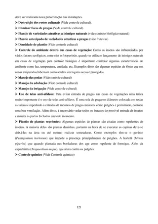 121
deve ser realizada nova pulverização das instalações.



 Destruição dos restos culturais (Vide controle cultural).



 Eliminar focos de pragas (Vide controle cultural).



 Plantio de variedades atrativas a inimigos naturais (vide controle biológico natural)



 Plantio antecipado de variedades atrativas a pragas (vide fruteiras)



 Densidade de plantio (Vide controle cultural)



 Controle do ambiente dentro das casas de vegetação: Como os insetos são influenciados por
vários fatores ecológicos, entre eles o fotoperíodo, quando se utiliza o lançamento de inimigos naturais
em casas de vegetação para controle biológico é importante controlar algumas características do
ambiente como luz, temperatura, umidade, etc. Exemplos disso são algumas espécies de Orius que em
zonas temperadas hibernam como adultos em lugares secos e protegidos.



 Manejo das podas (Vide controle cultural)



 Manejo da adubação (Vide controle cultural)



 Manejo da irrigação (Vide controle cultural)



 Uso de telas anti-afídeos: Para evitar entrada de pragas nas casas de vegetações uma tática
muito importante é o uso de telas anti-afídeos. É uma tela de pequeno diâmetro colocada em todas
as laterais impedindo a entrada até mesmos de pragas menores como pulgões e permitindo, contudo
uma boa ventilação. Além disso, é necessário vedar todos os buracos de possível entrada de insetos
e manter as portas fechadas em todo momento.



 Plantio de plantas repelentes: Algumas espécies de plantas são citadas como repelentes de
insetos. A maioria delas são plantas daninhas, portanto na hora de se executar as capinas deve-se
deixá-las na área ou até mesmo realizar semeaduras. Como exemplos têm-se o gerânio
(Pelargonium hortorum) que impede a presença principalmente de pulgões. A hortelã (Menta
piperita) que quando plantada nas bordaduras dos age como repelente de formigas. Além da
capuchinha (Trapaeolium majus), que atura contra os pulgões.



 Controle químico (Vide Controle químico)
 
