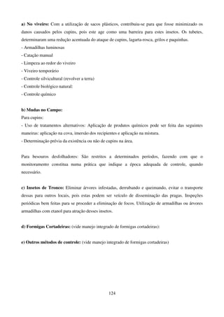 124
a) No viveiro: Com a utilização de sacos plásticos, contribuiu-se para que fosse minimizado os
danos causados pelos cupins, pois este age como uma barreira para estes insetos. Os tubetes,
determinaram uma redução acentuada do ataque de cupins, lagarta-rosca, grilos e paquinhas.
- Armadilhas luminosas
- Catação manual
- Limpeza ao redor do viveiro
- Viveiro temporário
- Controle silvicultural (revolver a terra)
- Controle biológico natural:
- Controle químico
b) Mudas no Campo:
Para cupins:
- Uso de tratamentos alternativos: Aplicação de produtos químicos pode ser feita das seguintes
maneiras: aplicação na cova, imersão dos recipientes e aplicação na mistura.
- Determinação prévia da existência ou não de cupins na área.
Para besouros desfolhadores: São restritos a determinados períodos, fazendo com que o
monitoramento constitua numa prática que indique a época adequada de controle, quando
necessário.
c) Insetos de Tronco: Eliminar árvores infestadas, derrubando e queimando, evitar o transporte
dessas para outros locais, pois estas podem ser veículo de disseminação das pragas. Inspeções
periódicas bem feitas para se proceder a eliminação de focos. Utilização de armadilhas ou árvores
armadilhas com etanol para atração desses insetos.
d) Formigas Cortadeiras: (vide manejo integrado de formigas cortadeiras):
e) Outros métodos de controle: (vide manejo integrado de formigas cortadeiras)
 