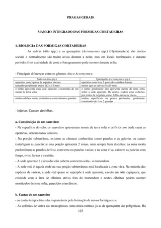 125
PRAGAS GERAIS
MANEJO INTEGRADO DAS FORMIGAS CORTADEIRAS
1. BIOLOGIA DAS FORMIGAS CORTADEIRAS
As saúvas (Atta spp.) e as quenquéns (Acromyrmex spp.) (Hymenoptera) são insetos
sociais e normalmente são muito ativas durante a noite, mas em locais sombreados e durante
períodos frios a atividade de corte e forrageamento pode ocorrer durante o dia.
- Principais diferenças entre os gêneros Atta e Acromyrmex:
Saúvas (Atta spp.) Quenquéns (Acromyrmex spp.)
operárias com 3 pares de espinhos dorsais operárias com 4 ou 5 pares de espinhos dorsais
tamanho geralmente maior (12 a 15 mm) menor que as saúvas (8 a10 mm)
o ninho apresenta uma sede aparente, constituída de um
monte de terra solta
o ninho geralmente não apresenta monte de terra solta
sobre a sede aparente. Os ninhos podem estar cobertos
por restos de vegetais, como folhas secas ou ciscos
ninhos adultos muito profundos e com inúmeras panelas ninhos superficiais ou pouco profundos, geralmente
constituído de 1 ou 2 panelas
- Injúrias: Causam desfolhas.
a. Constituição de um sauveiro:
- Na superfície do solo, os sauveiros apresentam monte de terra solta e orifícios por onde saem as
operárias, denominados olheiros.
- Na porção subterrânea, existem as câmaras conhecidas como panelas e as galerias ou canais
(interligam as panelas).e esta porção apresenta 2 zonas, nem sempre bem distintas: na zona morta
predominam as panelas de lixo, com terra ou panelas vazias; e na zona viva, existem as panelas com
fungo, ovos, larvas e a rainha.
- A sede aparente é a área do solo coberta com terra solta - o murundum.
- A sede real é aquela onde na sua porção subterrâneas está localizada a zona viva. Na maioria das
espécies de saúvas, a sede real quase se superpõe à sede aparente, exceto em Atta capiguara, que
coincide com a área de olheiros ativos fora do murundum e nestes olheiros podem ocorrer
montículos de terra solta, parecidos com discos.
b. Castas de um sauveiro
- as castas temporárias são responsáveis pela formação de novos formigueiros,
- As colônias de saúva são monogínicas (uma única rainha), já as de quenquém são poligínicas. Há
 