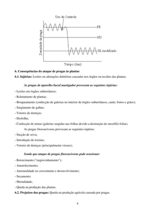 4
6. Consequências do ataque de pragas às plantas
6.1. Injúrias: Lesões ou alterações deletérias causadas nos órgãos ou tecidos das plantas.
As pragas de aparelho bucal mastigador provocam as seguintes injúrias:
- Lesões em órgãos subterrâneos;
- Roletamento de plantas;
- Broqueamento (confecção de galerias no interior de órgãos subterrâneos, caule, frutos e grãos);
- Surgimento de galhas;
- Vetores de doenças;
- Desfolha;
- Confecção de minas (galerias surgidas nas folhas devido a destruição do mesófilo foliar).
As pragas fitossucívoras provocam as seguintes injúrias:
- Sucção de seiva;
- Introdução de toxinas;
- Vetores de doenças (principalmente viroses).
Sendo que ataque de pragas fitossucívoras pode ocasionar:
- Retorcimento ("engruvinhamento");
- Amarelecimento;
- Anormalidade no crescimento e desenvolvimento;
- Secamento;
- Mortalidade;
- Queda na produção das plantas.
6.2. Prejuízos das pragas: Queda na produção agrícola causada por pragas.
 