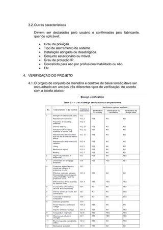 3.2.Outras características
Devem ser declaradas pelo usuário e confirmadas pelo fabricante,
quando aplicável:
 Grau de poluição.
 Tipo de aterramento do sistema.
 Instalação abrigada ou desabrigada.
 Conjunto estacionário ou móvel.
 Grau de proteção IP.
 Concebido para uso por profissional habilitado ou não.
 Etc.
4. VERIFICAÇÃO DO PROJETO
4.1.O projeto do conjunto de manobra e controle de baixa tensão deve ser
enquadrado em um dos três diferentes tipos de verificação, de acordo
com a tabela abaixo.
 
