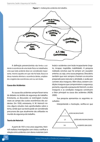 Ergonomia, Saúde e Segurança do Trabalho 
Figura 1 – Iceberg dos acidentes de trabalho. 
Unisa | Educação a Distância | www.unisa.br 
12 
A definição prevencionista não limita o aci-dente 
à ocorrência de uma lesão física no trabalhador, 
visto que todo acidente deve ser considerado impor-tante, 
mesmo aqueles em que não há lesão. Busca-se 
dessa maneira eliminar a ocorrência destes, amplian-do 
o registro das ocorrências com ou sem lesão. 
Causa dos Acidentes 
As causas dos acidentes sempre foram tema 
de debates no âmbito da segurança do trabalho. 
Entretanto, as discussões se restringiam muitas 
vezes ao campo dos custos econômicos dos aci-dentes. 
Em 1930, entretanto, H. W. Heinrich ini-ciou 
alguns estudos mais aprofundados sobre o 
tema, sendo que sua teoria pode ser considerada 
precursora das que atualmente são utilizadas no 
mundo da segurança do trabalho. 
Teoria de Heinrich 
A partir de 1931 e nos anos seguintes, Hein-rich 
realizou investigações com vistas a verificar a 
relação entre acidentes com danos materiais (sem 
lesão) e acidentes com lesão incapacitante (inap-to, 
incapaz, inaptidão, inabilidade). A pesquisa 
realizada concluiu que há sempre um causador 
anterior, ou seja, uma causa pregressa. Descobriu 
também que nem sempre o homem se encontra 
preparado para executar a atividade, e acaba por 
cometer atos inseguros. Além disso, existem con-dições 
inseguras que comprometem a segurança, 
portanto, segundo a pesquisa de Heinrich, os atos 
inseguros e as condições inseguras constituem 
o fator principal na causa dos acidentes (AEDB, 
2000). 
Sua pesquisa apresentou os seguintes re-sultados: 
Interpretando a ilustração, verifica-se que 
 