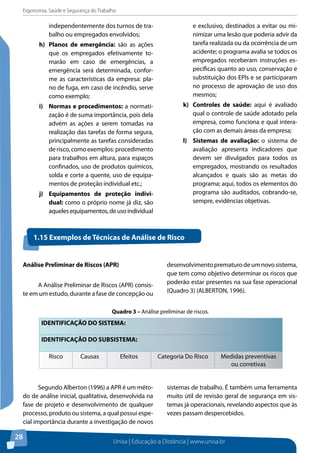 Ergonomia, Saúde e Segurança do Trabalho 
Unisa | Educação a Distância | www.unisa.br 
28 
independentemente dos turnos de tra-balho 
ou empregados envolvidos; 
h) Planos de emergência: são as ações 
que os empregados efetivamente to-marão 
em caso de emergências, a 
emergência será determinada, confor-me 
as características da empresa: pla-no 
de fuga, em caso de incêndio, serve 
como exemplo; 
i) Normas e procedimentos: a normati-zação 
é de suma importância, pois dela 
advém as ações a serem tomadas na 
realização das tarefas de forma segura, 
principalmente as tarefas consideradas 
de risco, como exemplos: procedimento 
para trabalhos em altura, para espaços 
confinados, uso de produtos químicos, 
solda e corte a quente, uso de equipa-mentos 
de proteção individual etc.; 
j) Equipamentos de proteção indivi-dual: 
como o próprio nome já diz, são 
aqueles equipamentos, de uso individual 
e exclusivo, destinados a evitar ou mi-nimizar 
uma lesão que poderia advir da 
tarefa realizada ou da ocorrência de um 
acidente; o programa avalia se todos os 
empregados receberam instruções es-pecíficas 
quanto ao uso, conservação e 
substituição dos EPIs e se participaram 
no processo de aprovação de uso dos 
mesmos; 
k) Controles de saúde: aqui é avaliado 
qual o controle de saúde adotado pela 
empresa, como funciona e qual intera-ção 
com as demais áreas da empresa; 
l) Sistemas de avaliação: o sistema de 
avaliação apresenta indicadores que 
devem ser divulgados para todos os 
empregados, mostrando os resultados 
alcançados e quais são as metas do 
programa; aqui, todos os elementos do 
programa são auditados, cobrando-se, 
sempre, evidências objetivas. 
1.15 Exemplos de Técnicas de Análise de Risco 
Análise Preliminar de Riscos (APR) 
A Análise Preliminar de Riscos (APR) consis-te 
em um estudo, durante a fase de concepção ou 
desenvolvimento prematuro de um novo sistema, 
que tem como objetivo determinar os riscos que 
poderão estar presentes na sua fase operacional 
(Quadro 3) (ALBERTON, 1996). 
IDENTIFICAÇÃO DO SISTEMA: 
IDENTIFICAÇÃO DO SUBSISTEMA: 
Risco Causas Efeitos Categoria Do Risco Medidas preventivas 
ou corretivas 
Quadro 3 – Análise preliminar de riscos. 
Segundo Alberton (1996) a APR é um méto-do 
de análise inicial, qualitativa, desenvolvida na 
fase de projeto e desenvolvimento de qualquer 
processo, produto ou sistema, a qual possui espe-cial 
importância durante a investigação de novos 
sistemas de trabalho. É também uma ferramenta 
muito útil de revisão geral de segurança em sis-temas 
já operacionais, revelando aspectos que às 
vezes passam despercebidos. 
 