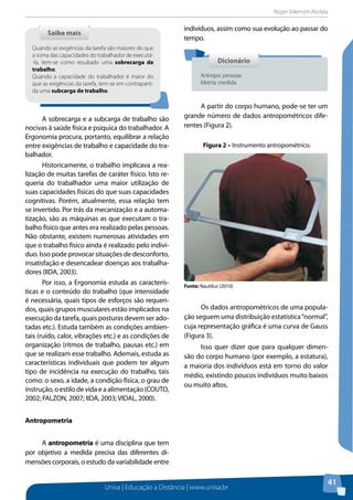 Roger Valentim Abdala 
Unisa | Educação a Distância | www.unisa.br 
41 
A sobrecarga e a subcarga de trabalho são 
nocivas à saúde física e psíquica do trabalhador. A 
Ergonomia procura, portanto, equilibrar a relação 
entre exigências de trabalho e capacidade do tra-balhador. 
Historicamente, o trabalho implicava a rea-lização 
de muitas tarefas de caráter físico. Isto re-queria 
do trabalhador uma maior utilização de 
suas capacidades físicas do que suas capacidades 
cognitivas. Porém, atualmente, essa relação tem 
se invertido. Por trás da mecanização e a automa-tização, 
são as máquinas as que executam o tra-balho 
físico que antes era realizado pelas pessoas. 
Não obstante, existem numerosas atividades em 
que o trabalho físico ainda é realizado pelo indiví-duo. 
Isso pode provocar situações de desconforto, 
insatisfação e desencadear doenças aos trabalha-dores 
(IIDA, 2003). 
Por isso, a Ergonomia estuda as caracterís-ticas 
e o conteúdo do trabalho (que intensidade 
é necessária, quais tipos de esforços são requeri-dos, 
quais grupos musculares estão implicados na 
execução da tarefa, quais posturas devem ser ado-tadas 
etc.). Estuda também as condições ambien-tais 
(ruído, calor, vibrações etc.) e as condições de 
organização (ritmos de trabalho, pausas etc.) em 
que se realizam esse trabalho. Ademais, estuda as 
características individuais que podem ter algum 
tipo de incidência na execução do trabalho, tais 
como: o sexo, a idade, a condição física, o grau de 
instrução, o estilo de vida e a alimentação (COUTO, 
2002; FALZON, 2007; IIDA, 2003; VIDAL, 2000). 
Antropometria 
A antropometria é uma disciplina que tem 
por objetivo a medida precisa das diferentes di-mensões 
corporais, o estudo da variabilidade entre 
indivíduos, assim como sua evolução ao passar do 
tempo. 
A partir do corpo humano, pode-se ter um 
grande número de dados antropométricos dife-rentes 
(Figura 2). 
Os dados antropométricos de uma popula-ção 
seguem uma distribuição estatística “normal”, 
cuja representação gráfica é uma curva de Gauss 
(Figura 3). 
Isso quer dizer que para qualquer dimen-são 
do corpo humano (por exemplo, a estatura), 
a maioria dos indivíduos está em torno do valor 
médio, existindo poucos indivíduos muito baixos 
ou muito altos. 
Saiba mais 
Quando as exigências da tarefa são maiores do que 
a soma das capacidades do trabalhador de executá- 
-la, tem-se como resultado uma sobrecarga de 
trabalho. 
Quando a capacidade do trabalhador é maior do 
que as exigências da tarefa, tem-se em contraparti-da 
uma subcarga de trabalho. 
Dicionário 
Antropo: pessoas 
Metria: medida 
Figura 2 – Instrumento antropométrico. 
Fonte: Nautilus (2010) 
 