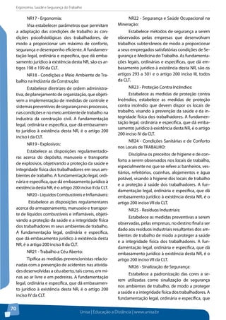 Ergonomia, Saúde e Segurança do Trabalho 
Unisa | Educação a Distância | www.unisa.br 
70 
NR17 - Ergonomia: 
Visa estabelecer parâmetros que permitam 
a adaptação das condições de trabalho às con-dições 
psicofisiológicas dos trabalhadores, de 
modo a proporcionar um máximo de conforto, 
segurança e desempenho eficiente. A fundamen-tação 
legal, ordinária e específica, que dá emba-samento 
jurídico à existência desta NR, são os ar-tigos 
198 e 199 da CLT. 
NR18 - Condições e Meio Ambiente de Tra-balho 
na Indústria da Construção: 
Estabelece diretrizes de ordem administra-tiva, 
de planejamento de organização, que objeti-vem 
a implementação de medidas de controle e 
sistemas preventivos de segurança nos processos, 
nas condições e no meio ambiente de trabalho na 
industria da construção civil. A fundamentação 
legal, ordinária e específica, que dá embasamen-to 
jurídico à existência desta NR, é o artigo 200 
inciso I da CLT. 
NR19 - Explosivos: 
Estabelece as disposições regulamentado-ras 
acerca do depósito, manuseio e transporte 
de explosivos, objetivando a proteção da saúde e 
integridade física dos trabalhadores em seus am-bientes 
de trabalho. A fundamentação legal, ordi-nária 
e específica, que dá embasamento jurídico à 
existência desta NR, é o artigo 200 inciso II da CLT. 
NR20 - Líquidos Combustíveis e Inflamáveis: 
Estabelece as disposições regulamentares 
acerca do armazenamento, manuseio e transpor-te 
de líquidos combustíveis e inflamáveis, objeti-vando 
a proteção da saúde e a integridade física 
dos trabalhadores m seus ambientes de trabalho. 
A fundamentação legal, ordinária e específica, 
que dá embasamento jurídico à existência desta 
NR, é o artigo 200 inciso II da CLT. 
NR21 - Trabalho a Céu Aberto: 
Tipifica as medidas prevencionistas relacio-nadas 
com a prevenção de acidentes nas ativida-des 
desenvolvidas a céu aberto, tais como, em mi-nas 
ao ar livre e em pedreiras. A fundamentação 
legal, ordinária e específica, que dá embasamen-to 
jurídico à existência desta NR, é o artigo 200 
inciso IV da CLT. 
NR22 - Segurança e Saúde Ocupacional na 
Mineração: 
Estabelece métodos de segurança a serem 
observados pelas empresas que desenvolvam 
trabalhos subterrâneos de modo a proporcionar 
a seus empregados satisfatórias condições de Se-gurança 
e Medicina do Trabalho. As fundamenta-ções 
legais, ordinárias e específicas, que dá em-basamento 
jurídico à existência desta NR, são os 
artigos 293 a 301 e o artigo 200 inciso III, todos 
da CLT. 
NR23 - Proteção Contra Incêndios: 
Estabelece as medidas de proteção contra 
Incêndios, estabelece as medidas de proteção 
contra incêndio que devem dispor os locais de 
trabalho, visando à prevenção da saúde e da in-tegridade 
física dos trabalhadores. A fundamen-tação 
legal, ordinária e específica, que dá emba-samento 
jurídico à existência desta NR, é o artigo 
200 inciso IV da CLT. 
NR24 - Condições Sanitárias e de Conforto 
nos Locais de TRABALHO: 
Disciplina os preceitos de higiene e de con-forto 
a serem observados nos locais de trabalho, 
especialmente no que se refere a: banheiros, ves-tiários, 
refeitórios, cozinhas, alojamentos e água 
potável, visando à higiene dos locais de trabalho 
e a proteção à saúde dos trabalhadores. A fun-damentação 
legal, ordinária e específica, que dá 
embasamento jurídico à existência desta NR, é o 
artigo 200 inciso VII da CLT. 
NR25 - Resíduos Industriais: 
Estabelece as medidas preventivas a serem 
observadas, pelas empresas, no destino final a ser 
dado aos resíduos industriais resultantes dos am-bientes 
de trabalho de modo a proteger a saúde 
e a integridade física dos trabalhadores. A fun-damentação 
legal, ordinária e específica, que dá 
embasamento jurídico à existência desta NR, é o 
artigo 200 inciso VII da CLT. 
NR26 - Sinalização de Segurança: 
Estabelece a padronização das cores a se-rem 
utilizadas como sinalização de segurança 
nos ambientes de trabalho, de modo a proteger 
a saúde e a integridade física dos trabalhadores. A 
fundamentação legal, ordinária e específica, que 
 