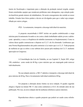 21
tineiro de fiscalização e importante para a obtenção da produção mensal exigida, sempre
foram constituídas equipes que estudavam problemas mais abrangentes, cuja solução pode-
ria beneficiar grande número de trabalhadores. Só assim conseguíamos dar sentido ao nosso
trabalho. Estudos bem feitos podem e devem ser divulgados para que o saber seja compar-
tilhado por outros colegas.
17.2. - Levantamento, transporte e descarga individual de materiais.
A proposta encaminhada à SSST incluía um quadro estabelecendo a carga
máxima para levantamento levando-se em conta a idade (trabalhador adulto jovem e adoles-
cente aprendiz), o sexo e a freqüência do trabalho (raramente ou freqüentemente). Como os
valores desse quadro contrariavam o disposto na C.L.T. ele foi eliminado. Lembramos que
uma Norma Regulamentadora não pode contrariar a Lei maior que é a C.L.T. Toda proposta
de melhoria no que se refere a esse subitem deve passar pela mudança da C.L.T. mediante
aprovação no Congresso.
A Consolidação das Leis do Trabalho, no seu Capítulo V, Seção XIV, artigo
198, estabelece como sendo de 60 Kg o peso máximo que um empregado pode remover
individualmente.
Na sua redação anterior, a NR 17 admitia o transporte e descarga individual de
peso máximo de 60 kg. Para o levantamento individual estabelecia 40 kg.
Foi proposta a alteração destes limites na nova redação. O quadro sugerido
chegou a figurar na minuta NR 17, mas como contrariava a CLT, foi retirado antes da sua
publicação. Por isso, na nova redação não há nenhuma referência a pesos máximos.
Reproduzimos abaixo o quadro proposto que poderá ser usado como referên-
cia.
 