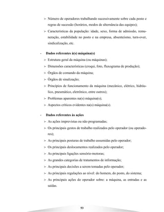 53
B Número de operadores trabalhando sucessivamente sobre cada posto e
regras de sucessão (horários, modos de alternância das equipes);
B Características da população: idade, sexo, forma de admissão, remu-
neração, estabilidade no posto e na empresa, absenteísmo, turn-over,
sindicalização, etc.
- Dados referentes à(s) máquina(s)
B Estrutura geral da máquina (ou máquinas);
B Dimensões características (croqui, foto, fluxograma de produção);
B Órgãos de comando da máquina;
B Órgãos de sinalização;
B Princípios de funcionamento da máquina (mecânico, elétrico, hidráu-
lico, pneumático, eletrônico, entre outros);
B Problemas aparentes na(s) máquina(s);
B Aspectos críticos evidentes na(s) máquina(s).
- Dados referentes às ações
B As ações imprevistas ou não programadas;
B Os principais gestos de trabalho realizados pelo operador (ou operado-
res);
B As principais posturas de trabalho assumidas pelo operador;
B Os principais deslocamentos realizados pelo operador;
B As principais ligações sensório-motoras;
B As grandes categorias de tratamentos de informação;
B As principais decisões a serem tomadas pelo operador;
B As principais regulações ao nível: do homem, do posto, do sistema;
B As principais ações do operador sobre: a máquina, as entradas e as
saídas.
 