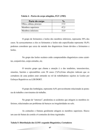 67
Tabela 4 – Partes do corpo atingidas, FGV (1983)
Parte do corpo %
Olhos, cabeça, pescoço 17,5
Membros superiores 47,5
Membros inferiores 33,9
O grupo de ferimentos e lesões dos membros inferiores, representa 30% dos
casos. Se acrescentarmos a eles os ferimentos e lesões não especificadas representa 18,4%
podemos considerar que cerca de metade dos diagnósticos foram devidos a ferimentos e
lesões.
No grupo das lesões oculares estão compreendidos diagnósticos como cerati-
tes, conjuntivites, corpo estranho, etc.
O terceiro grupo que chama a atenção é o das tendinites, tenossinovites,
sinusites, bursites e epicondilites com 58 casos (7,6%).Estas afecções indicam que os
cortadores de cana podem estar entrando no rol de trabalhadores sujeitos às Lesões por
Esforços Repetitivos ou LER/DORT.
O grupo das lombalgias, representa 4,6% provavelmente relacionado às postu-
ras de trabalho e movimentos do trabalho.
No grupo de “entorses”, predomina os acidentes que atingem os membros in-
feriores, relacionados aos problemas de buracos ou irregularidades no solo.
As contusões e fraturas geralmente atingem os membros superiores. Houve
um caso de fratura de costela e 6 contusões de tórax registrados.
Tabela 5: Distribuição dos LEM’s segundo Diagnóstico, Cortadores
 