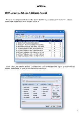 11
WFISCAL
CFOP (Arquivo / Tabelas / Códigos/ Fiscais)
Antes de iniciarmos os cadastramentos dentro do WFiscal, devemos verificar algumas tabelas
importantes no sistema, como a tabela de CFOP.
Nesta tabela, no cadastro de cada CFOP devemos verificar na aba TIPO, alguns questionamentos
sobre a necessidade da geração de determinados arquivos.
 