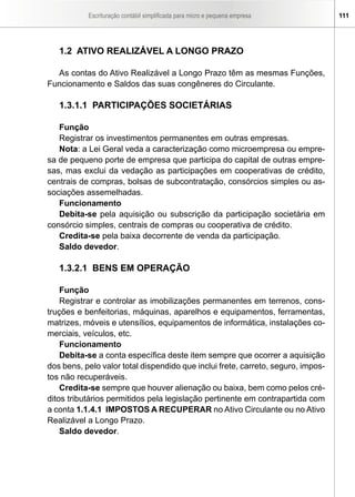 Escrituração contábil simplificada para micro e pequena empresa        111




   1.2 ATIVO REALIZÁVEL A LONGO PRAZO

  As contas do Ativo Realizável a Longo Prazo têm as mesmas Funções,
Funcionamento e Saldos das suas congêneres do Circulante.

   1.3.1.1 PARTICIPAÇÕES SOCIETÁRIAS

   Função
   Registrar os investimentos permanentes em outras empresas.
   Nota: a Lei Geral veda a caracterização como microempresa ou empre-
sa de pequeno porte de empresa que participa do capital de outras empre-
sas, mas exclui da vedação as participações em cooperativas de crédito,
centrais de compras, bolsas de subcontratação, consórcios simples ou as-
sociações assemelhadas.
   Funcionamento
   Debita-se pela aquisição ou subscrição da participação societária em
consórcio simples, centrais de compras ou cooperativa de crédito.
   Credita-se pela baixa decorrente de venda da participação.
   Saldo devedor.

   1.3.2.1 BENS EM OPERAÇÃO

    Função
    Registrar e controlar as imobilizações permanentes em terrenos, cons-
truções e benfeitorias, máquinas, aparelhos e equipamentos, ferramentas,
matrizes, móveis e utensílios, equipamentos de informática, instalações co-
merciais, veículos, etc.
    Funcionamento
    Debita-se a conta específica deste item sempre que ocorrer a aquisição
dos bens, pelo valor total dispendido que inclui frete, carreto, seguro, impos-
tos não recuperáveis.
    Credita-se sempre que houver alienação ou baixa, bem como pelos cré-
ditos tributários permitidos pela legislação pertinente em contrapartida com
a conta 1.1.4.1 IMPOSTOS A RECUPERAR no Ativo Circulante ou no Ativo
Realizável a Longo Prazo.
    Saldo devedor.
 