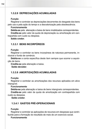 112




         1.3.2.9 DEPRECIAÇÕES ACUMULADAS

         Função
         Registrar e controlar as depreciações decorrentes do desgaste dos bens
      pelo uso e pela ação do tempo e a desvalorização pela obsolescência.
         Funcionamento
         Debita-se pela alienação e baixa de bens imobilizados correspondentes.
         Credita-se pelo valor da quota de depreciação ou amortização em con-
      trapartida com custo ou despesa.
         Saldo credor.

         1.3.3.1 BENS INCORPÓREOS

         Função
         Registrar e controlar os bens incorpóreos de natureza permanente, in-
      clusive o fundo de comércio.
         Debita-se a conta específica deste item sempre que ocorrer a aquisi-
      ção de bens.
         Credita-se pela alienação e baixa.
          Saldo devedor.

         1.3.3.9 AMORTIZAÇÕES ACUMULADAS

          Função
          Registrar e controlar as amortizações dos recursos aplicados em ativo
      intangível.
          Funcionamento
          Debita-se pela alienação e baixa de bens intangíveis correspondentes.
          Credita-se pelo valor da quota de amortização em contrapartida com
      custo ou despesa.
          Saldo credor.

         1.3.4.1 GASTOS PRÉ-OPERACIONAIS

         Função
         Registrar e controlar as aplicações de recursos em despesas que contri-
      buirão para a formação do resultado de mais de um exercício social.
         Funcionamento
 