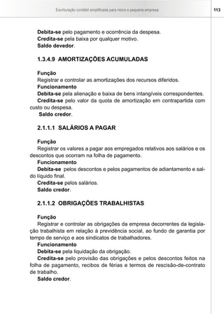 Escrituração contábil simplificada para micro e pequena empresa    113




   Debita-se pelo pagamento e ocorrência da despesa.
   Credita-se pela baixa por qualquer motivo.
   Saldo devedor.

   1.3.4.9 AMORTIZAÇÕES ACUMULADAS

   Função
   Registrar e controlar as amortizações dos recursos diferidos.
   Funcionamento
   Debita-se pela alienação e baixa de bens intangíveis correspondentes.
   Credita-se pelo valor da quota de amortização em contrapartida com
custo ou despesa.
    Saldo credor.

   2.1.1.1 SALÁRIOS A PAGAR

   Função
   Registrar os valores a pagar aos empregados relativos aos salários e os
descontos que ocorram na folha de pagamento.
   Funcionamento
   Debita-se pelos descontos e pelos pagamentos de adiantamento e sal-
do líquido final.
   Credita-se pelos salários.
   Saldo credor.

   2.1.1.2 OBRIGAÇÕES TRABALHISTAS

    Função
    Registrar e controlar as obrigações da empresa decorrentes da legisla-
ção trabalhista em relação à previdência social, ao fundo de garantia por
tempo de serviço e aos sindicatos de trabalhadores.
    Funcionamento
    Debita-se pela liquidação da obrigação.
    Credita-se pelo provisão das obrigações e pelos descontos feitos na
folha de pagamento, recibos de férias e termos de rescisão-de-contrato
de trabalho.
    Saldo credor.
 