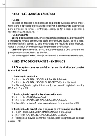 126




         7.1.2.1 RESULTADO DO EXERCÍCIO

         Função
         Receber as receitas e as despesas do período que está sendo encer-
      rado, para a apuração do resultado; registrar a contrapartida da provisão
      para o imposto de renda e contribuição social, se for o caso; e destinar o
      resultado líquido apurado.
         Funcionamento
         Debita-se pelas despesas, em contrapartida destas; pela provisão para
      o imposto de renda e contribuição social sobre o lucro líquido, se for o caso,
      em contrapartida destas; e, pela destinação do resultado para reservas,
      lucros a distribuir ou compensação de prejuízos acumulados.
         Credita-se pelas receitas, em contrapartida destas e pela transferência
      para prejuízos acumulados, se ocorrer.
         Não deve registrar saldo, pois apura e destina o resultado na mesma data.

         8. REGISTRO DE OPERAÇÕES – EXEMPLOS

         8.1 Operações comuns a vários ramos de atividades previs-
      tas na Lei geral

        1. Subscrição de capital
        D – 2.4.1.2.01 CAPITAL SOCIAL A REALIZAR/Sócio A
        C – 2.4.1.1.01 CAPITAL SOCIAL SUBSCRITO/Capital Nacional
        H – Subscrição do capital inicial, conforme contrato registrado na JU-
      CEC sob nº X – R$

         2. Realização de capital subscrito em dinheiro
         D – 1.1.1.1.01 CAIXA/Caixa Geral
         C – 2.4.1.2.01 CAPITAL SOCIAL A REALIZAR/Sócio A
         H – Recebido do sócio A, para integralização de suas quotas – R$

         3. Realização de capital com a entrega de móveis para escritório
         D – 1.3.2.1.06 BENS EM OPERAÇÃO/Móveis & Utensílios
         C – 2.4.1.2.01 CAPITAL SOCIAL A REALIZAR/Sócio A
         H – Recebidos móveis, conforme relação, para integralização de suas
      quotas – R$
 