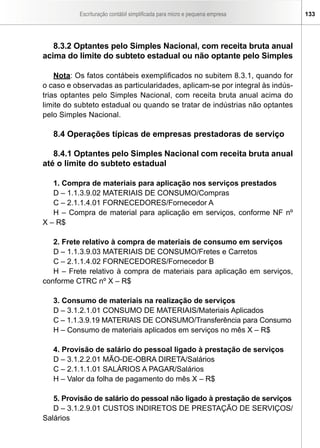 Escrituração contábil simplificada para micro e pequena empresa    133




   8.3.2 Optantes pelo Simples Nacional, com receita bruta anual
acima do limite do subteto estadual ou não optante pelo Simples

    Nota: Os fatos contábeis exemplificados no subitem 8.3.1, quando for
o caso e observadas as particularidades, aplicam-se por integral às indús-
trias optantes pelo Simples Nacional, com receita bruta anual acima do
limite do subteto estadual ou quando se tratar de indústrias não optantes
pelo Simples Nacional.

   8.4 Operações típicas de empresas prestadoras de serviço

   8.4.1 Optantes pelo Simples Nacional com receita bruta anual
até o limite do subteto estadual

   1. Compra de materiais para aplicação nos serviços prestados
   D – 1.1.3.9.02 MATERIAIS DE CONSUMO/Compras
   C – 2.1.1.4.01 FORNECEDORES/Fornecedor A
   H – Compra de material para aplicação em serviços, conforme NF nº
X – R$

   2. Frete relativo à compra de materiais de consumo em serviços
   D – 1.1.3.9.03 MATERIAIS DE CONSUMO/Fretes e Carretos
   C – 2.1.1.4.02 FORNECEDORES/Fornecedor B
   H – Frete relativo à compra de materiais para aplicação em serviços,
conforme CTRC nº X – R$

   3. Consumo de materiais na realização de serviços
   D – 3.1.2.1.01 CONSUMO DE MATERIAIS/Materiais Aplicados
   C – 1.1.3.9.19 MATERIAIS DE CONSUMO/Transferência para Consumo
   H – Consumo de materiais aplicados em serviços no mês X – R$

   4. Provisão de salário do pessoal ligado à prestação de serviços
   D – 3.1.2.2.01 MÃO-DE-OBRA DIRETA/Salários
   C – 2.1.1.1.01 SALÁRIOS A PAGAR/Salários
   H – Valor da folha de pagamento do mês X – R$

   5. Provisão de salário do pessoal não ligado à prestação de serviços
   D – 3.1.2.9.01 CUSTOS INDIRETOS DE PRESTAÇÃO DE SERVIÇOS/
Salários
 
