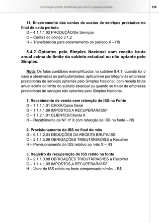 Escrituração contábil simplificada para micro e pequena empresa    135




   11. Encerramento das contas de custos de serviços prestados no
final de cada período
   D – 4.1.1.1.02 PRODUÇÃO/De Serviços
   C – Contas do código 3.1.2
   H – Transferência para encerramento do período X – R$

  8.4.2 Optantes pelo Simples Nacional com receita bruta
anual acima do limite do subteto estadual ou não optante pelo
Simples.

   Nota: Os fatos contábeis exemplificados no subitem 8.4.1, quando for o
caso e observadas as particularidades, aplicam-se por integral às empresas
prestadoras de serviços optantes pelo Simples Nacional, com receita bruta
anual acima do limite do subteto estadual ou quando se tratar de empresas
prestadoras de serviços não optantes pelo Simples Nacional.

   1. Recebimento de venda com retenção do ISS na Fonte
   D – 1.1.1.1.01 CAIXA/Caixa Geral
   D – 1.1.4.1.09 IMPOSTOS A RECUPERAR/ISSF
   C – 1.1.2.1.01 CLIENTES/Cliente A
   H – Recebimento da NF nº X com retenção de ISS na fonte – R$

   2. Provisionamento do ISS no final do mês
   D – 6.1.1.2.04 DEDUÇÕES DA RECEITA BRUTA/ISS
   C – 2.1.1.3.08 OBRIGAÇÕES TRIBUTÁRIAS/ISS a Recolher
   H – Provisionamento do ISS relativo ao mês X – R$

   3. Registro da recuperação do ISS retido na fonte
   D – 2.1.1.3.08 OBRIGAÇÕES TRIBUTÁRIAS/ISS a Recolher
   C – 1.1.4.1.09 IMPOSTOS A RECUPERAR/ISSF
   H – Valor do ISS retido na fonte compensado n/mês – R$
 