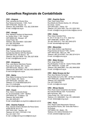 Conselhos Regionais de Contabilidade
CRC - Alagoas                                         CRC - Espírito Santo
Pres. Jeovanes de Oliveira Silva                      Pres. Paulo Vieira Pinto
Rua Tereza de Azevedo, 1.526 - Farol                  Rua Alberto de Oliveira Santos, 42 - 20ºandar
CEP 57052-600 - Maceió - AL                           Ed. Ames - Centro
Telefone: (82) 3338-9444 - Fax: (82) 3338-9444        CEP 29010-901 - Vitória - ES
E-mail: crcal@crcal.org.br                            Telefone: (27) 3232-1600 - Fax: (61) 3232-1621
                                                      E-mail: crces@crc-es.gov.br/crces.vix@zaz.com.br
CRC - Amapá
Pres. Marilene Cardoso do Nascimento                  CRC - Goiás
Av. Amilton Silva, 1.180 - Central                    Pres. Edson Cândido Pinto
CEP 68906-440 - Macapá - AP                           R. 107 nº 151 Qd. F Lt. 21 E - Setor Sul
Caixa Postal 199                                      CEP 74085-060 - Goiânia - GO
Telefone: (96) 3223-9503 / 3223-2697                  Tel: (62) 3240-2211 - Fax: (62) 3240-2270
Fax: (96) 3223-9504                                   E-mail: secretaria@crcgo.org.br
E-mail: crcap@uol.com.br
                                                      CRC - Maranhão
CRC - Acre                                            Pres. Celso Antônio Lago Beckman
Pres. Francisco Brito do Nascimento                   Praça Gomes de Souza nº 536 - Centro
Estrada Dias Martins S/N Res Mariana                  CEP 65010-250 - São Luis - MA
CEP 69912-470 - Rio Branco - AC                       Telefone: (98) 3214-5300 - Fax: (98) 3214-5314
Telefone: (68) 3227-8038 - Fax: (68) 3227-8038        E-mail: crcma@crcma.org.br
E-mail: crcac@brturbo.com.br
                                                      CRC - Mato Grosso
CRC - Amazonas                                        Pres. Jorge Assef Filho
Pres. Julio Ramon Marchiore Teixeira                  Rua 05 Quadra 13 lote 02 - Centro Político ADM
Rua Lobo D’ Almada, 380 - Centro                      CEP: 78050-970 - Cuiabá - MT
CEP 69010-030 - Manaus - AM                           Telefone: (65) 3648-2800 - Fax: (65) 3648-2828
Telefone:(92) 3633-2566 - Fax:(92) 3633-2566/4573     E-mail: crcmt@crcmt.org.br
E-mail:crcam@crcam.org.br
                                                      CRC - Mato Grosso do Sul
CRC - Bahia                                           Pres. Alcyr Moreira Fernandes
Pres. Maria Constança Carneiro Galvão                 Rua Euclides da Cunha, 994 - Jardim dos Estados
Rua do Salete, 320 - Barris                           CEP 79020-230 - Campo Grande - MS
CEP 40070-200 - Salvador - BA                         Telefone: (67) 3326-0750
Telefone: (71) 2109-4000/3328-2515                    Fax: (67) 3326-0750
Fax: (71) 2109-4009                                   E-mail: crcms@crcms.org.br
E-mail: diretoria@crcba.org.br/crc@svn.com.br
                                                      CRC - Minas Gerais
CRC - Ceará                                           Pres. Paulo Cezar Consentino dos Santos
Pres. Osório Cavalcante Araújo                        Rua Cláudio Manoel, 639 - Funcionários
Av. da Universidade, 3.057 - Benfica                  Belo Horizonte - MG
CEP 60020-181 - Fortaleza - CE                        Caixa Postal 150 - CEP 30140-100
Telefone: (85) 3455-2900                              Telefone: (31) 3269-8400 - Fax: (31) 3269-8405
Fax: (85) 3455-2911                                   E-mail: diretoria@crcmg.org.br
E-mail: conselho@crc-ce.org.br/crc-ce@secrel.com.br
                                                      CRC - Pará
CRC - Distrito Federal                                Pres. Regina Célia Nascimento Vilanova
Pres. Gerardo Antônio Monteiro De Paiva Gama          Rua Avertano Rocha, 392 Entre São Pedro e
SCRS 503 Bl. B lj.31-33                               Pe.Eutique
CEP 70331-520 - Brasília - DF                         CEP 66023-120 - Belém - PA
Telefone: (61) 3321-1757/3321-7105                    Telefone: (91) 3202-4150/3202-4151
Fax: (61) 3321-1747                                   E-mail: presidencia@crcpa.org.br
E-mail: crcdf@crcdf.org.br/crcdf@bnet.org.br
 