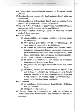 Escrituração contábil simplificada para micro e pequena empresa        63




VIII. Contribuição para o Fundo de Garantia do Tempo de Serviço
    (FGTS);
IX. Contribuição para manutenção da Seguridade Social, relativa ao
    trabalhador;
X. Contribuição para a Seguridade Social, relativa à pessoa do em-
    presário, na qualidade de contribuinte individual;
XI. Imposto de Renda relativo aos pagamentos ou créditos efetuados
    pela pessoa jurídica a pessoas físicas (IR/Fonte);
XII. Contribuição para o PIS/Pasep, Cofins e IPI incidentes na impor-
    tação de bens e serviços;
XIII. ICMS devido:
        a) nas operações ou prestações sujeitas ao regime de substi-
           tuição tributária;
        b) por terceiro, a que o contribuinte se ache obrigado, por for-
           ça da legislação estadual ou distrital vigente;
        c) na entrada, no território do Estado ou do Distrito Federal,
           de petróleo, inclusive lubrificantes e combustíveis líquidos e
           gasosos dele derivados, bem como energia elétrica, quan-
           do não destinados à comercialização ou industrialização;
        d) por ocasião do desembaraço aduaneiro;
        e) na aquisição ou manutenção em estoque de mercadoria
           desacobertada de documento fiscal;
        f) na operação ou prestação desacobertada de documento
           fiscal;
        g) nas operações com mercadorias sujeitas ao regime de an-
           tecipação do recolhimento do imposto, bem como do valor
           relativo à diferença entre a alíquota interna e a interestadu-
           al, nas aquisições em outros Estados e Distrito Federal, nos
           termos da legislação estadual ou distrital.
XIV. ISS devido:
        a) em relação aos serviços sujeitos à substituição tributária ou
           retenção na fonte;
        b) na importação de serviços;
XV. Demais tributos de competência da União, dos estados, do
    Distrito Federal ou dos municípios não relacionados nos incisos
    anteriores.
 