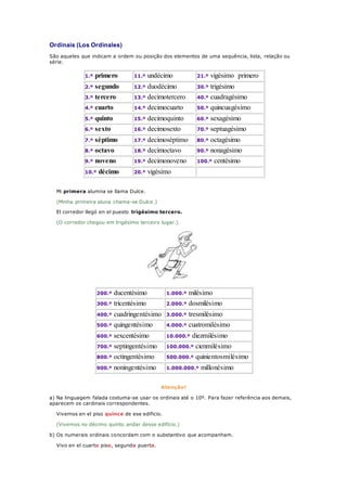 Ordinais (Los Ordinales)
São aqueles que indicam a ordem ou posição dos elementos de uma sequência, lista, relação ou
série.
1.º primero 11.º undécimo 21.º vigésimo primero
2.º segundo 12.º duodécimo 30.º trigésimo
3.º tercero 13.º decimotercero 40.º cuadragésimo
4.º cuarto 14.º decimocuarto 50.º quincuagésimo
5.º quinto 15.º decimoquinto 60.º sexagésimo
6.º sexto 16.º decimosexto 70.º septuagésimo
7.º séptimo 17.º decimoséptimo 80.º octagésimo
8.º octavo 18.º decimoctavo 90.º nonagésimo
9.º noveno 19.º decimonoveno 100.º centésimo
10.º décimo 20.º vigésimo
Mi primera alumna se llama Dulce.
(Minha primeira aluna chama-se Dulce.)
El corredor llegó en el puesto trigésimo tercero.
(O corredor chegou em trigésimo terceiro lugar.)
200.º ducentésimo 1.000.º milésimo
300.º tricentésimo 2.000.º dosmilésimo
400.º cuadringentésimo 3.000.º tresmilésimo
500.º quingentésimo 4.000.º cuatromilésimo
600.º sexcentésimo 10.000.º diezmilésimo
700.º septingentésimo 100.000.º cienmilésimo
800.º octingentésimo 500.000.º quinientosmilésimo
900.º noningentésimo 1.000.000.º millonésimo
Atenção!
a) Na linguagem falada costuma-se usar os ordinais até o 10º. Para fazer referência aos demais,
aparecem os cardinais correspondentes.
Vivemos en el piso quince de ese edificio.
(Vivemos no décimo quinto andar desse edifício.)
b) Os numerais ordinais concordam com o substantivo que acompanham.
Vivo en el cuarto piso, segunda puerta.
 