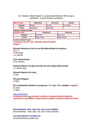 Os "artículos determinados" ou artigos determinados informa que o
substantivo de qual se fala é conhecido.
Determinado Masculino Feminino Neutro
Singular El gato La silla Lo posible
Plural Los gatos Las sillas
Artículos indeterminados
Indeterminado Masculino Feminino
Singular Un coche Una chica
Plural Unos cohes Unas chicas
El artículo Determinado
Formas de uso de “los artículos determinados”
Regras :
Quando dizemos a hora ou um dia determinado da semana;
A las 7.
El Domingo
Los viernes
Com sobrenomes;
El Sr. Gómez
Quando falamos de algo ocorrido em uma idade determinada;
Los treinta años
Quando falamos de cores;
El rojo
Em percentagem;
El 60%
Se o substantivo feminino começa por “a” o por “há” substitui La por El
El arma
El agua
[MAIS GRAMÁTICA]
O artículo neutro Lo somente se utiliza acompanhado de adjetivos,
advérbios ou particípios. Nunca deve se utilizar acompanhado de nomes.
Demostrativos, este, esta, ese, esa y sus variables.
Demonstrativos, "este, esta, ese, esa" e suas variáveis
Los demostrativos pueden ser:
Os demonstrativos podem ser:
 
