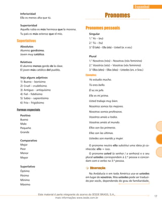 17
Espanhol
Inferioridad
Ella es menos alta que tú.
Superioridad
Aquella rubia es más hermosa que la morena.
Tu país es más extenso que el mío.
Superlativos
Absolutos
Alumno gordísimo.
Joven muy católico.
Relativos
El alumno menos gordo de la clase.
El joven más católico del pueblo.
Veja alguns adjetivos
Bueno – bonísimo1)	
Cruel – crudelísimo2)	
Antiguo – antiquísimo3)	
Fiel – fidelísimo4)	
Sabio – sapientísimo5)	
Frio – frigidísimo6)	
Formas especiais
Positivo
Bueno
Malo
Pequeño
Grande
Comparativo
Mejor
Peor
Menor
Mayor
Superlativo
Óptimo
Pésimo
Mínimo
Máximo
Pronomes
Pronomes pessoais
Singular
1.° Yo – (eu)
2.° Tú – (tu)
3.° Él (ele) – Ella (ela) – Usted (sr. e sra.)
Plural
1.° Nosotros (nós) – Nosotras (nós feminino)
2.° Vosotros (vós) – Vosotras (vós feminino)
3.° Ellos (eles) – Ellas (elas) – Ustedes (srs. e Sras.)
Ejemplos:
Yo estudio mucho.
Tú eres bello.
Él es mi jefe.
Ella es mi prima.
Usted trabaja muy bien.
Nosotros somos los mejores.
Nosotras somos profesoras.
Vosotros amáis a todos.
Vosotras amáis al mundo.
Ellos son los primeros.
Ellas son las últimas.
Ustedes son marido y mujer.
O pronome neutro ello substitui uma ideia já co-
nhecida: ello = isso.
O pronome usted (o senhor / a senhora) e o seu
plural ustedes correspondem à 2.ª pessoa e concor-
dam com o verbo na 3.ª pessoa.
Observação:
Na Andalucía e em toda América usa-se ustedes
em lugar de vosotros. Mas ustedes pode ser traduzi-
do por vocês, dependendo do grau de familiaridade.
Este material é parte integrante do acervo do IESDE BRASIL S.A.,
mais informações www.iesde.com.br
 