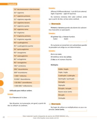 22
Espanhol
19.º decimonoveno o decimonono
20.º vigésimo
21.º vigésimo primero
22.º vigésimo segundo
23.º vigésimo tercero
25.º vigésimo quinto
29.º vigésimo nono
30.º trigésimo
31.º trigésimo primero
32.º trigésimo segundo
40.º cuadragésimo
45.º cuadragésimo quinto
50.º quincuagésimo
60.º sexagésimo
70.º septuagésimo
80.º octogésimo
90.º nonagésimo
100.º centésimo
200.º ducentésimo
300º tricentésimo
1 000.º milésimo
10 000.º diezmilésimo
1 00 000.º cienmilésimo
1 000 000.º millonésimo
Utilizado para indicar ordem.
Ejemplo:
Es el tercero de la clase.
Nas dinastias, na numeração, em geral, a partir de
dez se utilizam os cardinais.
Ejemplos:
Alfonso X (Alfonso décimo) – Luis XIV (Luis catorce).
Siglo V (quinto) – siglo XV (quince).
Os números romanos têm valor ordinal, ainda
que a partir de dez, se leia como cardinal.
Observação:
Primero e tercero quando vão diante do substan-
tivo masculino se apocopam.
Ejemplos:
Mi primer hijo; el tercer hombre.
Subst.	 Subst.
Os numerais se convertem em substantivos quando
os precedem um artigo ou um determinativo.
Ejemplos:
Borra ese cero.
Mi teléfono tiene dos ochos.
El dos es mi número favorito.
Múltiplos
Doble / duplo
Triple / triplo
Cuádruple / cuádruplo
Quíntuple / quíntuplo
Séxtuplo
Séptuplo
Óctuplo / óctuple
Nueve veces tanto
Décuplo
Céntuplo
Observação:
No lugar de utilizar os multiplicativos se usa a ex-
pressão: veces tanto.
Este material é parte integrante do acervo do IESDE BRASIL S.A.,
mais informações www.iesde.com.br
 