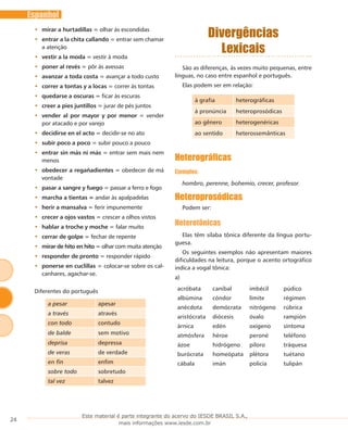 24
Espanhol
mirar a hurtadillas•• = olhar às escondidas
entrar a la chita callando•• = entrar sem chamar
a atenção
vestir a la moda•• = vestir à moda
poner al revés•• = pôr às avessas
avanzar a toda costa•• = avançar a todo custo
correr a tontas y a locas•• = correr às tontas
quedarse a oscuras•• = ficar às escuras
creer a pies juntillos•• = jurar de pés juntos
vender al por mayor y por menor•• = vender
por atacado e por varejo
decidirse en el acto•• = decidir-se no ato
subir poco a poco•• = subir pouco a pouco
entrar sin más ni más•• = entrar sem mais nem
menos
obedecer a regañadientes•• = obedecer de má
vontade
pasar a sangre y fuego•• = passar a ferro e fogo
marcha a tientas =•• andar às apalpadelas
herir a mansalva•• = ferir impunemente
crecer a ojos vastos•• = crescer a olhos vistos
hablar a troche y moche•• = falar muito
cerrar de golpe•• = fechar de repente
mirar de hito en hito•• = olhar com muita atenção
responder de pronto•• = responder rápido
ponerse en cuclillas•• = colocar-se sobre os cal-
canhares, agachar-se.
Diferentes do português
a pesar apesar
a través através
con todo contudo
de balde sem motivo
deprisa depressa
de veras de verdade
en fin enfim
sobre todo sobretudo
tal vez talvez
Divergências
Lexicais
São as diferenças, às vezes muito pequenas, entre
línguas, no caso entre espanhol e português.
Elas podem ser em relação:
à grafia heterográficas
à pronúncia heteroprosódicas
ao gênero heterogenéricas
ao sentido heterossemânticas
Heterográficas
Ejemplos:
hombro, perenne, bohemio, crecer, profesor.
Heteroprosódicas
Podem ser:
Heterotônicas
Elas têm sílaba tônica diferente da língua portu-
guesa.
Os seguintes exemplos não apresentam maiores
dificuldades na leitura, porque o acento ortográfico
indica a vogal tônica:
a)	
acróbata caníbal imbécil púdico
albúmina cóndor límite régimen
anécdota demócrata nitrógeno rúbrica
aristócrata diócesis óvalo rampión
árnica edén oxígeno síntoma
atmósfera héroe peroné teléfono
ázoe hidrógeno píloro tráquesa
burócrata homeópata plétora tuétano
cábala imán policía tulipán
Este material é parte integrante do acervo do IESDE BRASIL S.A.,
mais informações www.iesde.com.br
 