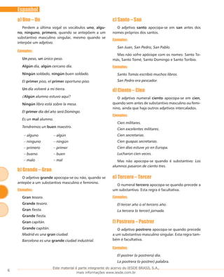 6
Espanhol
a) Uno – Un
Perdem a última vogal os vocábulos uno, algu-
no, ninguno, primero, quando se antepõem a um
substantivo masculino singular, mesmo quando se
interpõe um adjetivo.
Ejemplos:
Un peso, un único peso.
Algún día, algún cercano día.
Ningún soldado, ningún buen soldado.
EI primer piso, el primer oportuno piso.
Un día volveré a mi tierra.
¿Algún alumno estuvo aquí?
Ningún libro está sobre la mesa.
EI primer día del año será Domingo.
Es un mal alumno.
Tendremos un buen maestro.
– alguno – algún
– ninguno – ningún
– primero – primer
– bueno – buen
– malo – mal
b) Grande – Gran
O adjetivo grande apocopa-se ou não, quando se
antepõe a um substantivo masculino e feminino.
Ejemplos:
Gran tesoro.
Grande tesoro.
Gran fiesta.
Grande fiesta.
Gran capitán.
Grande capitán.
Madrid es una gran ciudad.
Barcelona es una grande ciudad industrial.
c) Santo – San
O adjetivo santo apocopa-se em san antes dos
nomes próprios dos santos.
Ejemplos:
San Juan, San Pedro, San Pablo.
Mas não sofre apócope com os nomes: Santo To-
más, Santo Tomé, Santo Domingo e Santo Toríbio.
Ejemplos:
Santo Tomás escribió muchos libros.
San Pedro era pescador.
d) Ciento – Cien
O adjetivo numeral ciento apocopa-se em cien,
quando vem antes de substantivo masculino ou femi-
nino, ainda que haja outros adjetivos intercalados.
Ejemplos:
Cien militares.
Cien excelentes militares.
Cien secretarias.
Cien guapas secretarias.
Cien días estuve yo en Europa.
Lucharon cien veces.
Mas não apocopa-se quando é substantivo: Los
alumnos pasaron de ciento tres.
e) Tercero – Tercer
O numeral tercero apocopa-se quando precede a
um substantivo. Esta regra é facultativa.
Ejemplos:
El tercer año o el tercero año.
La tercera (o tercer) jornada.
f) Postrero – Postrer
O adjetivo postrero apocopa-se quando precede
a um substantivo masculino singular. Esta regra tam-
bém é facultativa.
Ejemplos:
El postrer (o postrero) día.
La postrera (o postrer) palabra.
Este material é parte integrante do acervo do IESDE BRASIL S.A.,
mais informações www.iesde.com.br
 