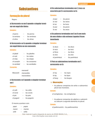 9
Espanhol
Substantivos
Formação do plural
Regras:
a) Acrescenta-se um S quando o singular termi-
nar em vogal não tônica
Ejemplos:
el perro – los perros
la ventana – las ventanas
el alma – las almas
b) Acrescenta-se Es quando o singular terminar
em vogal tônica ou em consoante
Ejemplos:
el jabalí – los jabalíes
el rubí – los rubíes
el reloj – los relojes
el corazón – los corazones
la vanidad – las vanidades
Excepción:
maravedí
Maravedí : maravedíes
maravedises
c) Acrescenta-se S quando o singular terminar
em E
Ejemplos:
el café – los cafés
el corsé – los corsés
el pie – los pies
el pagaré – los pagarés
O mesmo acontece com:
papá – papás
mamá – mamás
sofá – sofás
d) Os substantivos terminados em Z, troca-se
essa letra por C e acrescenta-se Es
Ejemplos:
el pez – los peces
la raiz – las raices
la luz – las luces
la paz – las paces
la vez – las veces
e) As palavras terminadas em S ou X com mais
de uma sílaba e não oxítonas (agudas) ficam
invariáveis
Ejemplos:
la dosis – las dosis
la tesis – las tesis
el fénix – los fénix
la ónix – las ónix
el paréntesis – los paréntesis
f) Para os substantivos terminados em Y,
acrescenta-se Es
Ejemplos:
el rey – los reyes
la ley – las leyes
el buey – los bueyes
Observações:
As palavras compostas de verbo e substantivo••
plural são invariáveis.
Ejemplo:
el cortaplumas – los cortaplumas
As palavras compostas de adjetivo e substanti-••
vo colocam o segundo elemento no plural.
Ejemplo:
el padrenuestro – los padrenuestros
Este material é parte integrante do acervo do IESDE BRASIL S.A.,
mais informações www.iesde.com.br
 