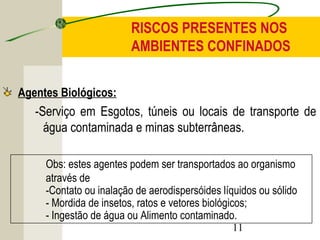RISCOS PRESENTES NOS 
AMBIENTES CONFINADOS 
Agentes Biológicos: 
-Serviço em Esgotos, túneis ou locais de transporte de 
água contaminada e minas subterrâneas. 
Obs: estes agentes podem ser transportados ao organismo 
através de 
-Contato ou inalação de aerodispersóides líquidos ou sólido 
- Mordida de insetos, ratos e vetores biológicos; 
- Ingestão de água ou Alimento contaminado. 
11 
 