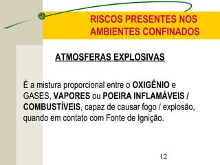 RISCOS PRESENTES NOS 
AMBIENTES CONFINADOS 
ATMOSFERAS EXPLOSIVAS 
É a mistura proporcional entre o OXIGÊNIO e 
GASES, VAPORES ou POEIRA INFLAMÁVEIS / 
COMBUSTÍVEIS, capaz de causar fogo / explosão, 
quando em contato com Fonte de Ignição. 
12 
 