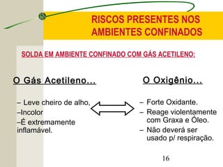RISCOS PRESENTES NOS 
AMBIENTES CONFINADOS 
SOLDA EM AMBIENTE CONFINADO COM GÁS ACETILENO: 
O Oxigênio... 
– Forte Oxidante. 
– Reage violentamente 
com Graxa e Óleo. 
– Não deverá ser 
usado p/ respiração. 
16 
O Gás Acetileno... 
– Leve cheiro de alho, 
–Incolor 
–É extremamente 
inflamável. 
 