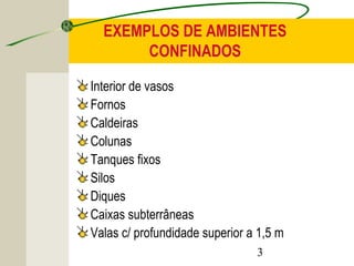 EXEMPLOS DE AMBIENTES 
3 
CONFINADOS 
Interior de vasos 
Fornos 
Caldeiras 
Colunas 
Tanques fixos 
Silos 
Diques 
Caixas subterrâneas 
Valas c/ profundidade superior a 1,5 m 
 