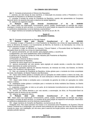DA CÂMARA DOS DEPUTADOS

   Art. 51. Compete privativamente à Câmara dos Deputados:
   I - autorizar, por dois terços de seus membros, a instauração de processo contra o Presidente e o Vice-
Presidente da República e os Ministros de Estado;
   II - proceder à tomada de contas do Presidente da República, quando não apresentadas ao Congresso
Nacional dentro de sessenta dias após a abertura da sessão legislativa;
   III - elaborar seu regimento interno;
    (*)      Redação       dada      pela    Emenda        Constitucional      nº      19,    de     04/06/98:
"IV – dispor sobre sua organização, funcionamento, polícia, criação, transformação ou extinção dos cargos,
empregos e funções de seus serviços, e a iniciativa de lei para fixação da respectiva remuneração, observados
os parâmetros estabelecidos na lei de diretrizes orçamentárias;"
   V - eleger membros do Conselho da República, nos termos do art. 89, VII.

                                                 Seção IV
                                            DO SENADO FEDERAL

    Art. 52. Compete privativamente ao Senado Federal:
     (*)      Redação       dada      pela      Emenda      Constitucional       nº    23,     de     02/09/99:
" I - processar e julgar o Presidente e o Vice-Presidente da República nos crimes de responsabilidade, bem
como os Ministros de Estado e os Comandantes da Marinha, do Exército e da Aeronáutica nos crimes da
mesma natureza conexos com aqueles;"
    II - processar e julgar os Ministros do Supremo Tribunal Federal, o Procurador-Geral da República e o
Advogado-Geral da União nos crimes de responsabilidade;
    III - aprovar previamente, por voto secreto, após argüição pública, a escolha de:
    a) Magistrados, nos casos estabelecidos nesta Constituição;
    b) Ministros do Tribunal de Contas da União indicados pelo Presidente da República;
    c) Governador de Território;
    d) Presidente e diretores do Banco Central;
    e) Procurador-Geral da República;
    f) titulares de outros cargos que a lei determinar;
    IV - aprovar previamente, por voto secreto, após argüição em sessão secreta, a escolha dos chefes de
missão diplomática de caráter permanente;
    V - autorizar operações externas de natureza financeira, de interesse da União, dos Estados, do Distrito
Federal, dos Territórios e dos Municípios;
    VI - fixar, por proposta do Presidente da República, limites globais para o montante da dívida consolidada
da União, dos Estados, do Distrito Federal e dos Municípios;
    VII - dispor sobre limites globais e condições para as operações de crédito externo e interno da União, dos
Estados, do Distrito Federal e dos Municípios, de suas autarquias e demais entidades controladas pelo Poder
Público federal;
    VIII - dispor sobre limites e condições para a concessão de garantia da União em operações de crédito
externo e interno;
    IX - estabelecer limites globais e condições para o montante da dívida mobiliária dos Estados, do Distrito
Federal e dos Municípios;
    X - suspender a execução, no todo ou em parte, de lei declarada inconstitucional por decisão definitiva do
Supremo Tribunal Federal;
    XI - aprovar, por maioria absoluta e por voto secreto, a exoneração, de ofício, do Procurador-Geral da
República antes do término de seu mandato;
    XII - elaborar seu regimento interno;
     (*)      Redação       dada      pela      Emenda      Constitucional       nº    19,     de     04/06/98:
"XIII - dispor sobre sua organização, funcionamento, polícia, criação, transformação ou extinção dos cargos,
empregos e funções de seus serviços, e a iniciativa de lei para fixação da respectiva remuneração, observados
os parâmetros estabelecidos na lei de diretrizes orçamentárias;"
    XIV - eleger membros do Conselho da República, nos termos do art. 89, VII.
    Parágrafo único. Nos casos previstos nos incisos I e II, funcionará como Presidente o do Supremo Tribunal
Federal, limitando-se a condenação, que somente será proferida por dois terços dos votos do Senado Federal,
à perda do cargo, com inabilitação, por oito anos, para o exercício de função pública, sem prejuízo das demais
sanções judiciais cabíveis.


                                              Seção V
                                   DOS DEPUTADOS E DOS SENADORES
 