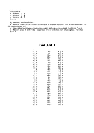 Estão corretas:
  a) somente 1, 2 e 3
  b) somente 2, 3 e 4
  c) somente 1, 2 e 4
  d) n. d. a.

   90) Assinale a alternativa correta:
   a) Medidas Provisórias não estão compreendidas no processo legislativo, mas as leis delegadas e os
decretos legislativos, sim.
   b) Assembléias Legislativas, por sua maioria no país, podem propor emendas à Constituição Federal.
   c) Não será objeto de deliberação a proposta de emenda tendente a abolir a Federação e a República.
   d) n. d. a.




                                          GABARITO
                                01)   b            31)   a        61)   b
                                02)   d            32)   a        62)   a
                                03)   c            33)   d        63)   b
                                04)   b            34)   b        64)   c
                                05)   d            35)   d        65)   c
                                06)   d            36)   a        66)   a
                                07)   d            37)   c        67)   c
                                08)   b            38)   d        68)   a
                                09)   e            39)   b        69)   a
                                10)   c            40)   a        70)   a
                                11)   d            41)   b        71)   c
                                12)   c            42)   a        72)   c
                                13)   c            43)   c        73)   a
                                14)   c            44)   b        74)   a
                                15)   c            45)   d        75)   b
                                16)   d            46)   a        76)   d
                                17)   c            47)   b        77)   c
                                18)   d            48)   d        78)   d
                                19)   d            49)   c        79)   d
                                20)   b            50)   b        80)   b
                                21)   c            51)   d        81)   a
                                22)   c            52)   b        82)   a
                                23)   d            53)   d        83)   c
                                24)   c            54)   c        84)   d
                                25)   d            55)   c        85)   b
                                26)   d            56)   d        86)   c
                                26)   c            57)   d        87)   a
                                28)   b            58)   d        88)   a
                                29)   b            59)   a        89)   c
                                30)   d            60)   c        90)   b
 