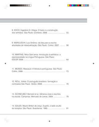 8. KOCH, Ingedore G. Villaça. O texto e a construção
dos sentidos. São Paulo: Contexto, 2008. ................................. 55
9. MARCUSCHI, Luiz Antônio: da fala para a escrita:
atividades de retextualização. São Paulo: Cortez, 2007. .......... 58
10. MARTINS, Nilce Sant’anna. Introdução à estilística: a
expressividade na Língua Portuguesa. São Paulo:
EDUSP, 2008................................................................................. 64
11. MOISES, Massaud. A literatura portuguesa. São Paulo:
Cultrix, 2008.................................................................................. 73
12. NOLL, Volker. O português brasileiro: formação e
contrastes.São Paulo: Globo, 2008. ........................................... 76
13. SCHNEUWLY, Bernard et al. Gêneros orais e escritos
na escola. Campinas: Mercado de Letras, 2004. ...................... 79
14. SOUZA, Mauro Wilton de (org.). Sujeito, o lado oculto
do receptor. São Paulo: Brasiliense, 1995.................................. 91
 