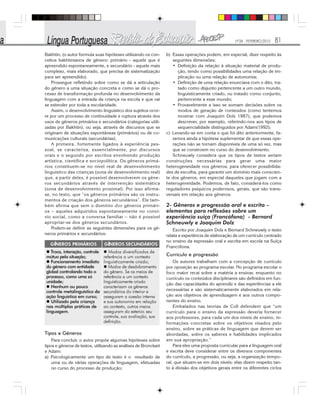 Nº28 - FEVEREIRO/2010 81
Bakhtin, (o autor formula suas hipóteses utilizando os con-
ceitos bakhtinianos de gênero: primário - aquele que é
apreendido espontaneamente, e secundário - aquele mais
complexo, mais elaborado, que precisa de sistematização
para ser apreendido).
Prossegue refletindo sobre como se dá a articulação
do gênero a uma situação concreta e como se dá o pro-
cesso de transformação profunda no desenvolvimento da
linguagem com a entrada da criança na escola e que vai
se estender por toda a escolaridade.
Assim, o desenvolvimento linguístico dos sujeitos ocor-
re por um processo de continuidade e ruptura através dos
usos de gêneros primários e secundários (categorias utili-
zadas por Bakhtin), ou seja, através de discursos que se
originam de situações espontâneas (primários) ou de co-
municações culturais (secundárias).
A primeira, fortemente ligados à experiência pes-
soal, se caracteriza, essencialmente, por discursos
orais e o segundo por escritos envolvendo produção
artística, científica e sociopolítica. Os gêneros primá-
rios constituem-se no nível real de desenvolvimento
linguístico das crianças (zona de desenvolvimento real)
que, a partir deles, é possível desenvolverem os gêne-
ros secundários através de intervenção sistemática
(zona de desenvolvimento proximal). Por isso afirma-
se, no texto, que “os gêneros primários são os instru-
mentos de criação dos gêneros secundários”. Ele tam-
bém afirma que sem o domínio dos gêneros primári-
os – aqueles adquiridos espontaneamente no conví-
vio social, como a conversa familiar – não é possível
apropriar-se dos gêneros secundários.
Podem-se definir as seguintes dimensões para os gê-
neros primários e secundários:
b) Essas operações podem, em especial, dizer respeito às
seguintes dimensões:
• Definição da relação à situação material de produ-
ção, tendo como possibilidades uma relação de im-
plicação ou uma relação de autonomia;
• Definição de uma relação enunciava com o dito, tra-
tado como disjunto pertencente a um outro mundo,
linguisticamente criado, ou tratado como conjunto,
pertencente a esse mundo;
• Provavelmente a isso se somam decisões sobre os
modos de geração de conteúdos (como tentemos
mostrar com Joaquim Dolz 1987), que podemos
descrever, por exemplo, referindo-nos aos tipos de
sequencialidade distinguidos por Adam(1992);
c) Levando-se em conta o que foi dito anteriormente, fa-
zemos ainda a hipótese suplementar de que essas ope-
rações não se tornam disponíveis de uma só vez, mas
que se constroem no curso do desenvolvimento.
Schneuwly considera que os tipos de textos seriam
construções necessárias para gerar uma maior
heterogeneidade nos gêneros, para oferecer possibilida-
des de escolha, para garantir um domínio mais conscien-
te dos gêneros, em especial daqueles que jogam com a
heterogeneidade. Podemos, de fato, considerá-los como
reguladores psíquicos poderosos, gerais, que são trans-
versais em relação aos gêneros.
2- Gêneros e progressão oral e escrita –
elementos para reflexões sobre um
experiência suíça (Francófona) - Bernard
Schneuwly e Joaquim Dolz
Escrito por Joaquim Dolz e Bernard Schneuwly o texto
relata a experiência de elaboração de um currículo centrado
no ensino da expressão oral e escrita em escola na Suíça
Francófona.
Currículo e progressão
Os autores trabalham com a concepção de currículo
por oposição ao programa escolar. No programa escolar o
foco maior recai sobre a matéria a ensinar, enquanto no
currículo os conteúdos disciplinares são definidos em fun-
ção das capacidades do aprendiz e das experiências a ele
necessárias e são sistematicamente elaborados em rela-
ção aos objetivos de aprendizagem e aos outros compo-
nentes do ensino.
Embalados nas teorias de Coll defendem que “um
currículo para o ensino da expressão deveria fornecer
aos professores, para cada um dos níveis de ensino, in-
formações concretas sobre os objetivos visados pelo
ensino, sobre as práticas de linguagem que devem ser
abordadas, sobre os saberes e habilidades implicados
em sua apropriação.”
Para eles uma proposta curricular para a linguagem oral
e escrita deve considerar entre os diversos componentes
do currículo, a progressão, ou seja, a organização tempo-
ral, que situam-se em dois níveis: elas dizem respeito tan-
to à divisão dos objetivos gerais entre os diferentes ciclos
Tipos e Gêneros
Para concluir, o autor propõe algumas hipóteses sobre
tipos e gêneros de textos, utilizando as análises de Bronckart
e Adam:
a) Psicologicamente um tipo de texto é o resultado de
uma ou de várias operações de linguagem, efetuadas
no curso do processo de produção;
 