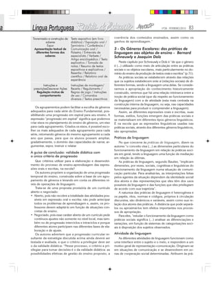 Nº28 - FEVEREIRO/2010 83
Os agrupamentos podem facilitar a escolha de gêneros
adequados para cada série do Ensino Fundamental, pos-
sibilitando uma progressão em espiral para seu ensino. A
expressão “progressão em espiral” significa que podemos
criar eixos no planejamento do ensino de gêneros, um eixo
para cada agrupamento. Criados os eixos, é possível esco-
lher os mais adequados de cada agrupamento para cada
série, retomando gêneros do mesmo agrupamento a cada
ano que passa, para que os alunos possam ampliar,
gradativamente, o domínio das capacidades de narrar, ar-
gumentar, expor, instruir e relatar
À guisa de conclusão: validade didática com
o único critério de progressão
Que critérios utilizar para a elaboração e desenvolvi-
mento do processo de ensino-aprendizagem das expres-
sões orais e escritas, na escola?
Os autores propõem a organização de uma progressão
temporal do ensino, construída sobre a base de um agru-
pamento de gêneros e levando em conta os diferentes ní-
veis de operações de linguagem.
Trata-se de uma proposta provisória de um currículo
aberto e negociado:
• Aberto, pois não recobre a totalidade das atividades pos-
síveis em expressão oral e escrita; não pode antecipar
todos os problemas de aprendizagem e, assim, os pro-
fessores devem adaptá-lo em função de situações con-
cretas de ensino.
• Negociado, pois esse caráter aberto de um currículo pede
contínuos ajustes não somente no nível local, mas tam-
bém no de progressão interciclos e intraciclos e porque
diferentes atores participam nas diferentes fases de ela-
boração e de ajuste.
Os autores advertem que a progressão curricular re-
sultante da estratégia discutida acima ainda deverá ser
testada e avaliada, e que o critério a privilegiar deve ser
o da validade didática: “Nesse processo, o critério a pri-
vilegiar para tomar decisões é o da validade didática: as
possibilidades efetivas de gestão do ensino proposto, a
coerência dos conteúdos ensinados, assim como os
ganhos de aprendizagem.”
3 - Os Gêneros Escolares: das práticas de
linguagem aos objetos de ensino - Bernard
Schneuwly e Joaquim Dolz
Neste capítulo por Schneuwly e Dolz é “de que o gênero
é (...) utilizado como meio de articulação entre as práticas
sociais e os objetos escolares, mais particularmente no do-
mínio do ensino da produção de textos orais e escritos” (p.71).
As práticas sociais se estabelecem através das relações
que os sujeitos estabelecem ente si (relações sociais) de di-
ferentes formas, sendo a linguagem uma delas. Se conside-
rarmos a apropriação do conhecimento historicamente
construído, veremos que há uma relação intrínseca entre a
noção de prática social (que diz respeito ao funcionamento
da linguagem) com a de atividade (esta mais centrada na
construção interna da linguagem, ou seja, nas capacidades
necessárias para produzir e compreender a linguagem).
Assim, as diferentes expressões orais e escritas, suas
formas, estilos, funções emergem das práticas sociais e
se materializam em diferentes tipos gêneros linguísticos.
É na escola que as expressões linguísticas usadas nas
práticas sociais, através dos diferentes gêneros linguísticos,
são apropriadas.
Práticas de linguagem
No que concerne às práticas de linguagem, dizem os
autores “o conceito visa (...) as dimensões particulares do
funcionamento da linguagem em relação às práticas soci-
ais em geral, tendo a linguagem uma função de mediação
em relação às últimas.
As práticas de linguagem, segundo Bautier, “implicam
dimensões, por vezes, sociais, cognitivas e linguísticas do
funcionamento da linguagem numa situação de comuni-
cação particular. Para analisá-las, as interpretações feitas
pelos agentes da situação dependem da identidade social
dos atores e das representações que eles têm dos usos
possíveis da linguagem e das funções que eles privilegiam
de acordo com sua trajetória”.
A natureza das práticas de linguagem é heterogênea e
os papéis, ritos, normas e códigos, próprios à circulação
discursiva, são dinâmicos e variáveis, assim como sua re-
lação dos atores das práticas. A distância que pode separá-
los ou aproximá-los tem efeitos importantes nos proces-
sos de apropriação.
Para eles, “estudar o funcionamento da linguagem como
práticas sociais significa (...) analisar as diferenciações e
variações, em função de sistemas de categorizações soci-
ais à disposição dos sujeitos observados.
Atividade de linguagem
As diferentes atividades de linguagem funcionam como
uma interface entre o sujeito e o meio, e respondem a um
motivo geral de representação-comunicação. Originam-se
em situações de comunicação e se desenvolvem em zo-
nas de cooperação social determinadas. Atribuem às prá-
 