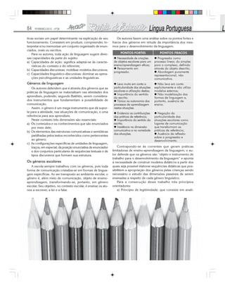 84 FEVEREIRO/2010 - Nº28
ticas sociais um papel determinante na explicação de seu
funcionamento. Consistem em produzir, compreender, in-
terpretar e/ou memorizar um conjunto organizado de enun-
ciados, orais ou escritos.
Para os autores, toda ação de linguagem sugere diver-
sas capacidades da parte do sujeito:
a) Capacidades de ação: significa adaptar-se às caracte-
rísticas do contexto e do referente;
b) Capacidades discursivas: mobilizar modelos discursivos;
c) Capacidades linguístico-discursivas: dominar as opera-
ções psicolinguísticas e as unidades linguísticas.
Gêneros de linguagem
Os autores defendem que é através dos gêneros que as
práticas de linguagem se materializam nas atividades dos
aprendizes, podendo, segundo Bakhtin, serem considera-
dos instrumentos que fundamentam a possibilidade de
comunicação.
Assim, o gênero é um mega instrumento que dá supor-
te para a atividade, nas situações de comunicação, e uma
referência para aos aprendizes.
Neste contexto três dimensões são essenciais:
a) Os conteúdos e os conhecimentos que são enunciados
por meio dele;
b) Os elementos das estruturas comunicativas e semióticas
partilhadas pelos textos reconhecidos como pertencentes
ao gênero;
c) As configurações específicas de unidades de linguagem,
traços, em especial, da posição enunciativa de enunciador
e dos conjuntos particulares de sequências textuais e de
tipos discursivos que formam sua estrutura.
Os gêneros escolares
A escola sempre trabalhou com os gêneros, pois toda
forma de comunicação cristaliza-se em formas de lingua-
gem específicas. Ao ser transposto ao ambiente escolar, o
gênero é, além meio de comunicação, objeto de ensino-
aprendizagem, transformando-se, portanto, em gênero
escolar. Seu objetivo, no contexto escolar, é ensinar os alu-
nos a escrever, a ler e a falar.
Os autores fazem uma análise sobre os pontos fortes e
fracos dos gêneros em virtude da importância dos mes-
mos para o desenvolvimento da linguagem.
Contrapondo-se às correntes que geram práticas
limitadoras de ensino-aprendizagem da linguagem, o au-
tor defende que os gêneros são “objeto e instrumento de
trabalho para o desenvolvimento da linguagem” e aponta
a necessidade de construir modelos didáticos a partir dos
quais seja possível elaborar sequências didáticas que pos-
sibilitem a apropriação dos gêneros pelas crianças sendo
necessário o estudo das dimensões passíveis de serem
ensinadas a respeito de cada gênero linguístico.
Para a consecução desse trabalho três princípios
orientadores:
a) Princípio de legitimidade: que consiste em anali-
 