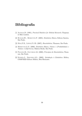 Bibliograﬁa
[1] Altman,D. (1991), Practical Statistics for Medical Research, Chapman
& Hall, London.
[2] Bussab,W., Morettin,P. (2005), Estatística Básica, Editora Saraiva,
São Paulo.
[3] Díaz,F.R., López,F.J.B. (2007), Bioestatística, Thomson, São Paulo.
[4] Morettin,L.G. (2000), Estatística Básica, Volume 1 (Probabilidade) e
Volume 2 (Inferência), Makron Books, São Paulo.
[5] Pagano,M., Gauvreau,K. (2000), Princípios de Bioestatística, Thom-
son, São Paulo.
[6] Soares,J., Siqueira,A.L. (2002), Introdução à Estatística Médica,
COOPMED Editora Médica, Belo Horizonte.
99
 