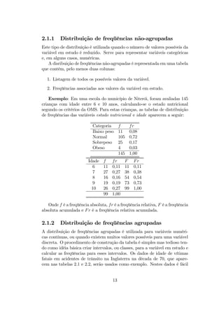 2.1.1 Distribuição de freqüências não-agrupadas
Este tipo de distribuição é utilizada quando o número de valores possíveis da
variável em estudo é reduzido. Serve para representar variáveis categóricas
e, em alguns casos, numéricas.
A disribuição de freqüências não-agrupadas é representada em uma tabela
que contém, pelo menos duas colunas:
1. Listagem de todos os possíveis valores da variável.
2. Freqüências associadas aos valores da variável em estudo.
Exemplo: Em uma escola do município de Niterói, foram avaliadas 145
crianças com idade entre 6 e 10 anos, calculando-se o estado nutricional
segundo os critérios da OMS. Para estas crianças, as tabelas de distribuição
de freqüências das variáveis estado nutricional e idade aparecem a seguir:
Categoria f fr
Baixo peso 11 0,08
Normal 105 0,72
Sobrepeso 25 0,17
Obeso 4 0,03
145 1,00
Idade f fr F Fr
6 11 0,11 11 0,11
7 27 0,27 38 0,38
8 16 0,16 54 0,54
9 19 0,19 73 0,73
10 26 0,27 99 1,00
99 1,00
Onde f é a freqüência absoluta, fr é a freqüência relativa, F é a freqüência
absoluta acumulada e Fr é a freqüência relativa acumulada.
2.1.2 Distribuição de freqüências agrupadas
A distribuição de freqüências agrupadas é utilizada para variáveis numéri-
cas contínuas, ou quando existem muitos valores possíveis para uma variável
discreta. O procedimento de construção da tabela é simples mas tedioso ten-
do como idéia básica criar intervalos, ou classes, para a variável em estudo e
calcular as freqüências para esses intervalos. Os dados de idade de vítimas
fatais em acidentes de trânsito na Inglaterra na década de 70, que apare-
cem nas tabelas 2.1 e 2.2, serão usados como exemplo. Nestes dados é fácil
13
 
