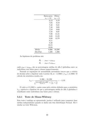 Baixo-peso Obeso
n1 = 13 n2 = 9
6,13 8,79
7,05 9,19
7,48 9,21
7,48 9,68
7,53 9,69
7,58 9,97
7,90 11,51
8,08 11,85
8,09 12,79
8,11
8,40
10,15
10,88
Média 8,066 10,298
Des.Pad. 1,238 1,398
As hipóteses do problema são:
H0 : µBP = µObeso
H1 : µBP 6= µObeso.
onde µBP e µObeso são as porcentagens médias de alfa 2 globulina entre os
indivíduos com baixo peso e obesos respectivamente.
Fazendo as suposições de normalidade necessárias tem-se que o critério
de decisão sobre a hipótese nula é aceitar H0 se −2, 0860 ≤ tcal ≤ 2, 0860. O
cálculo da estatística resulta em:
tcal =
8, 066 − 10, 298
r
12×1,2382+8×1,3982
13+9−2
×
³
1
13
+ 1
9
´ = −3, 95
O valor p é 0, 0001 e, assim como pelo critério deﬁnido para a estatística
tcal, rejeita-se a hipótese de que a porcentagem média de alfa 2 globulina é
semelhante entre indivíduos com baixo peso e obesos.
5.3.1 Teste de Mann-Whitney
Este teste é análogo ao apresentado, porém é utilizado para comparar duas
médias independentes quando os dados não têm distribuição Normal. Ele é
similar ao teste Wilcoxon.
69
 